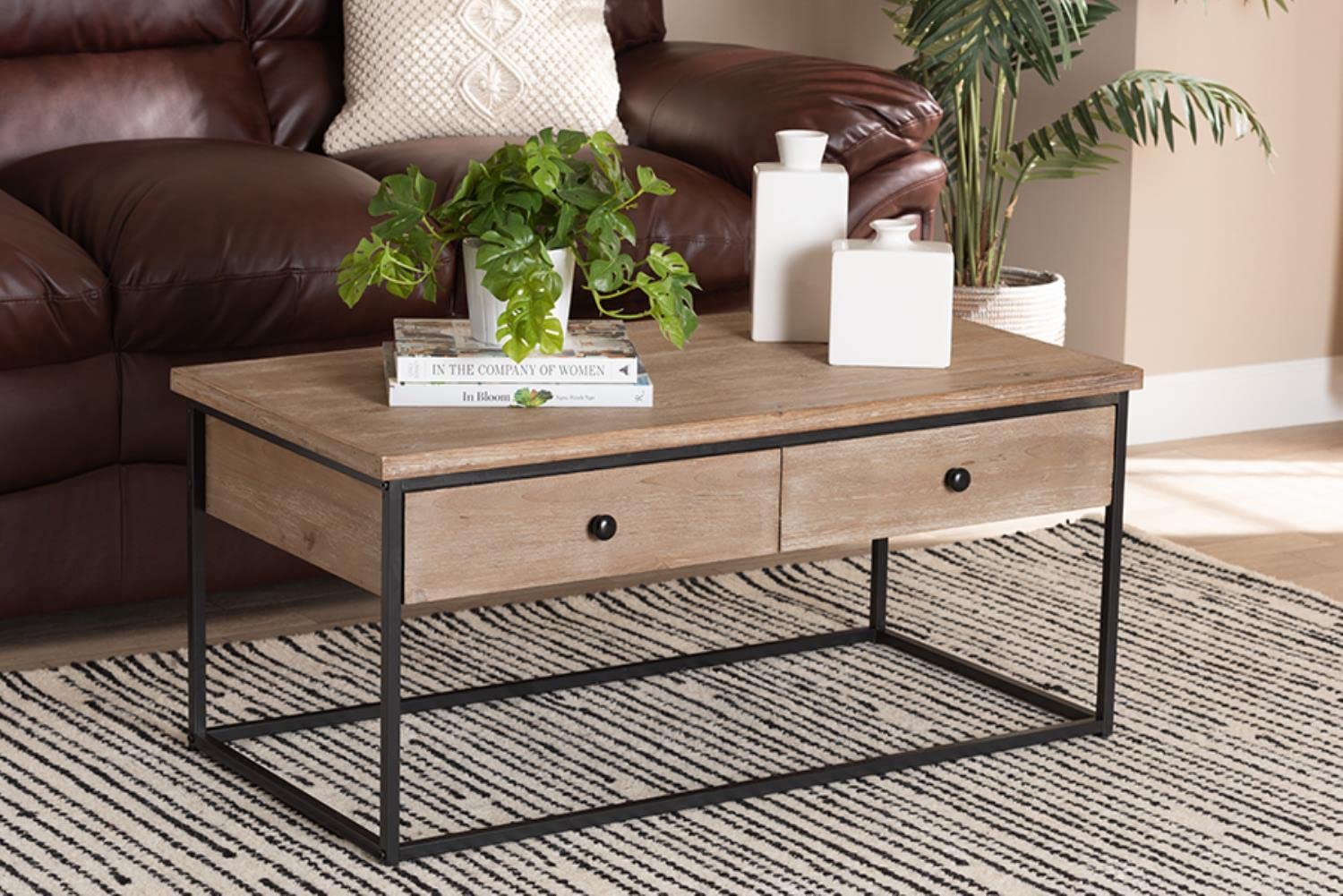 Baxton Studio Roderick Modern and Contemporary Weathered Oak Finished Wood and Black Metal 2-Drawer Coffee Table