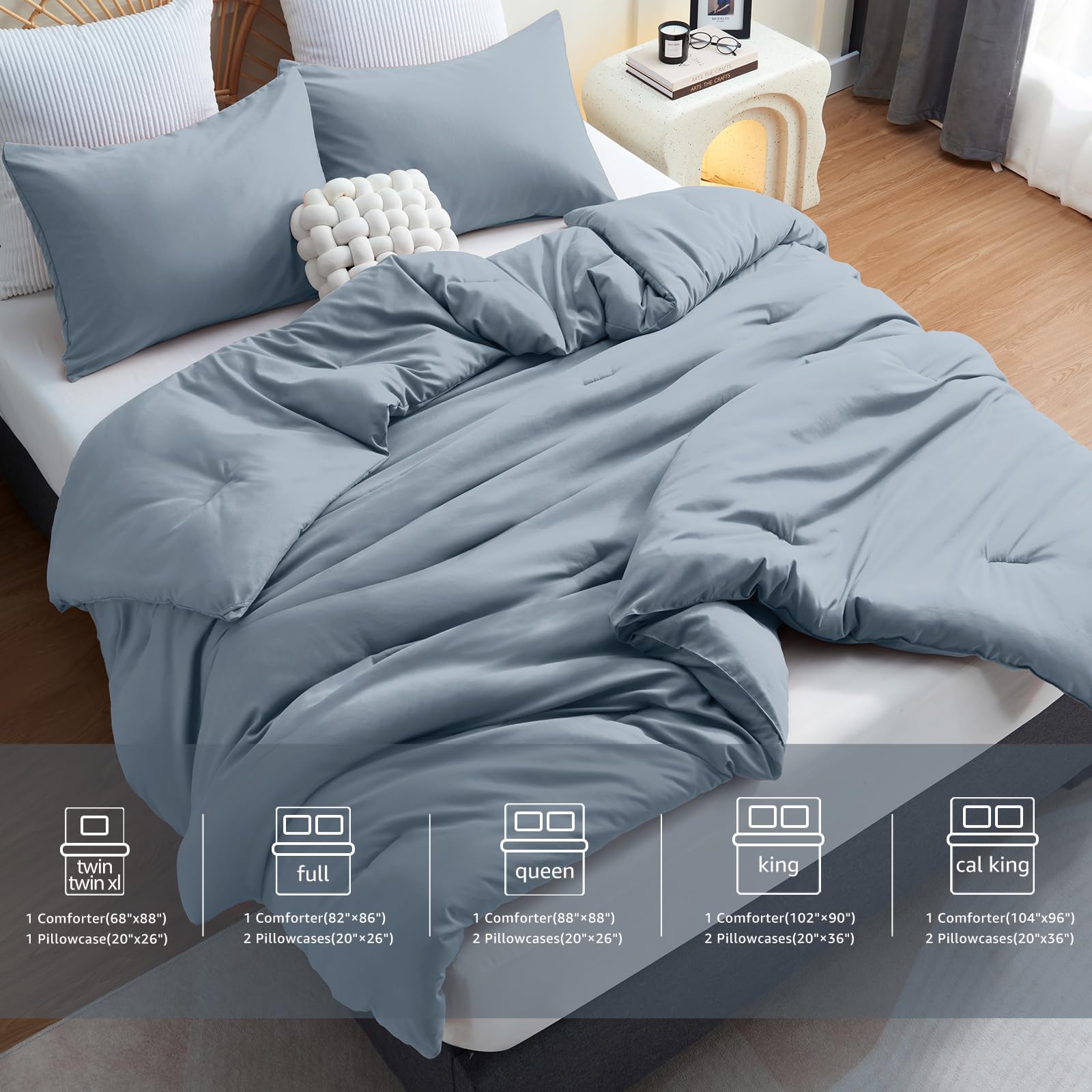 Cozylux Grayish Blue Comforter Set Full Size, 3 Pieces Solid Breathable Quilted Boho Style Bedding Sets, Luxury Fluffy Soft Microfiber Comforter For All Season(1 Comforter & 2 Pillowcases)