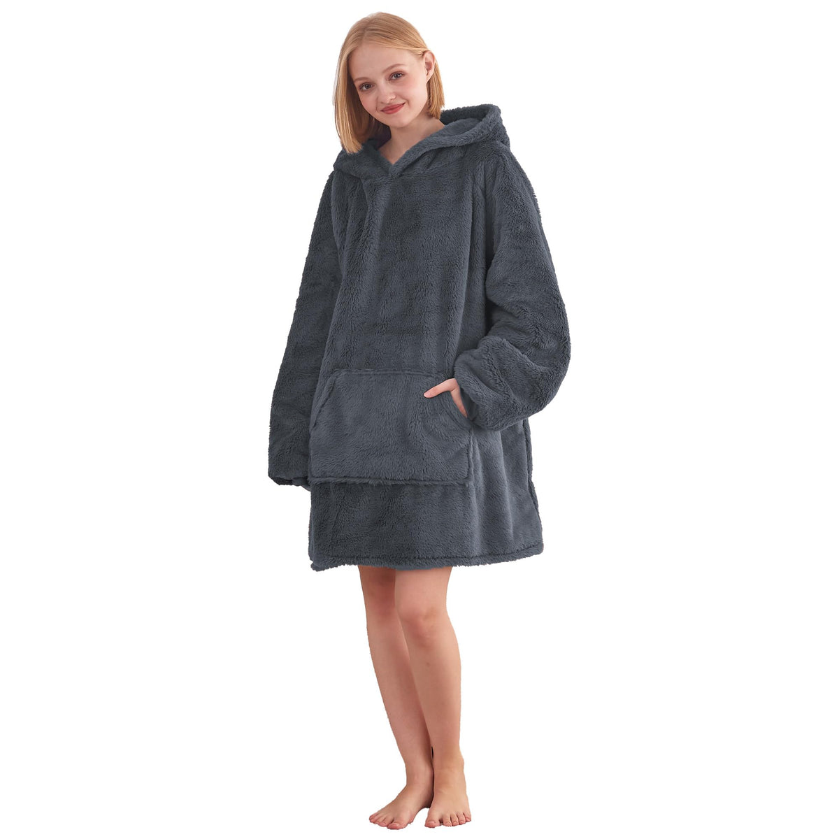 Korbliss Wearable Blanket Hoodie, Oversized Faux Rabbit Fur Wearable Fleece Sweatshirt Blanket With Giant Hood Pocket And Sleeve