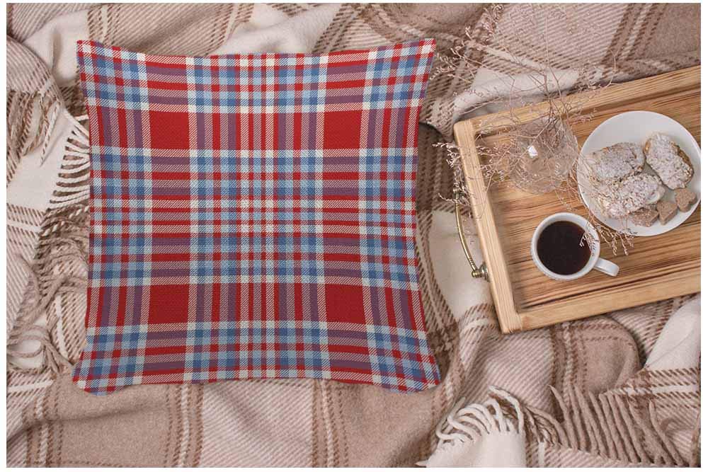 Wondertify Throw Pillow Case Cover Tartan Plaid Pattern Checkered Fabric Texture Moderate Light Blue White And Bright Red Soft Linen Pillow Case For Bedroom/Livingroom/Sofa Cushion Covers 18X18 Inch