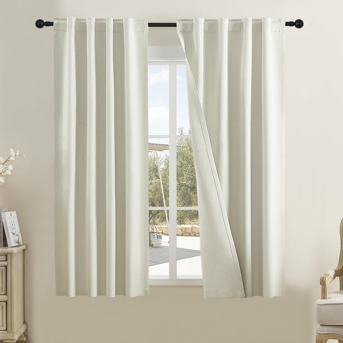 Dualife Small Window Kitchen Curtains 54 Inch Length Natural Birch Curtains 2 Panels Thermal Insulated Flax Linen Drapes Neutral