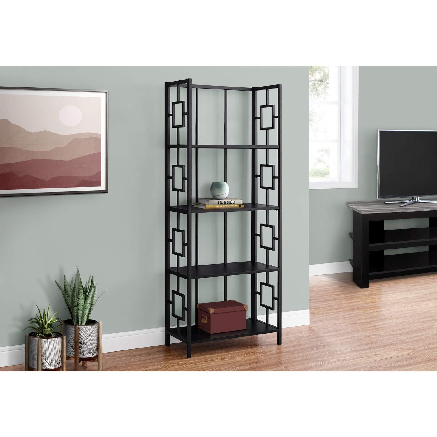 Monarch Specialties I 3620 Bookshelf, Bookcase, Etagere, Corner, 4 Tier, 62&quot; H, Office, Bedroom, Metal, Laminate, Black, Transitional
