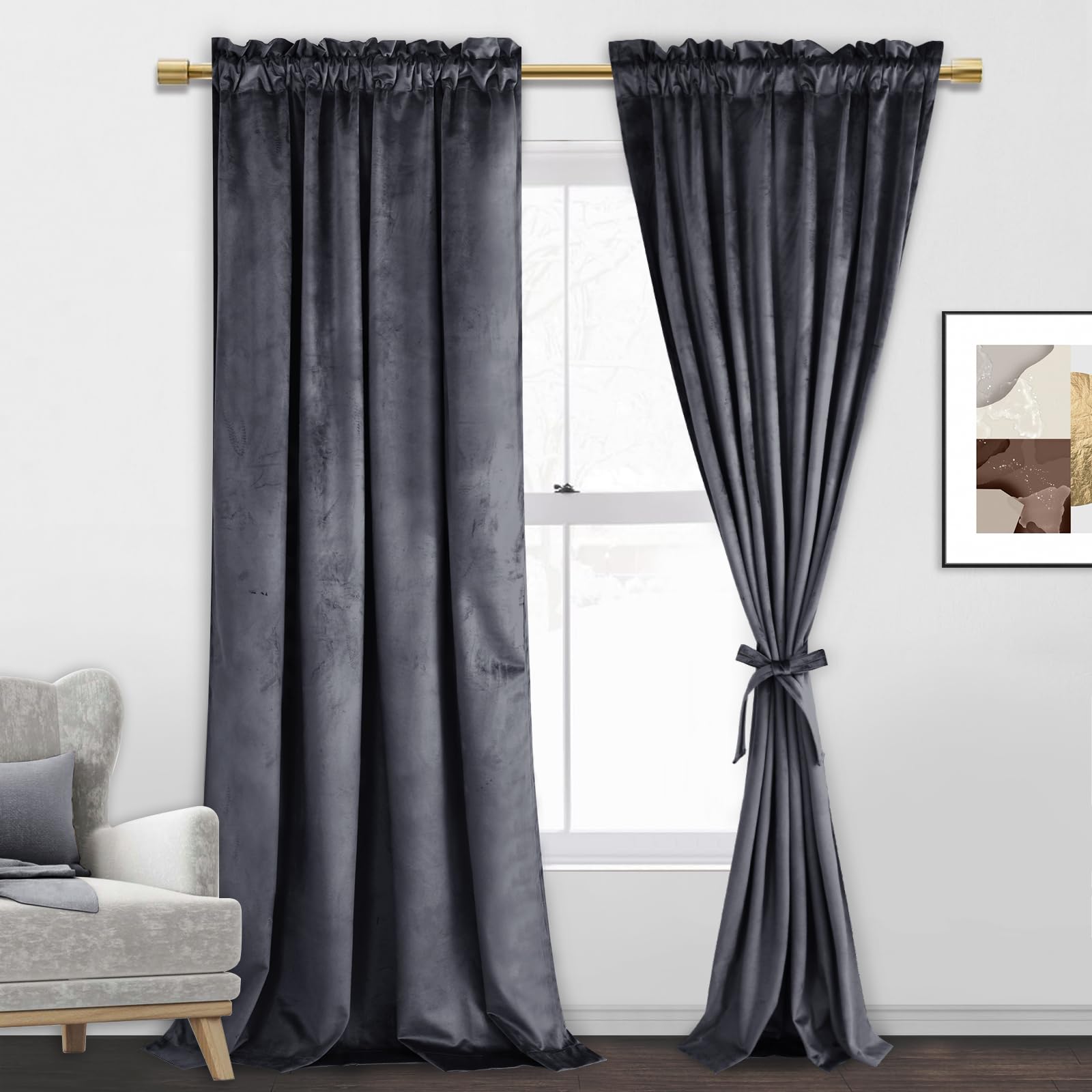 Jiuzhen Dark Grey Velvet Curtains 96 Inches For Living Room - Thermal Insualted Room Darkening Rod Pocket Thick Velvet Window Dr