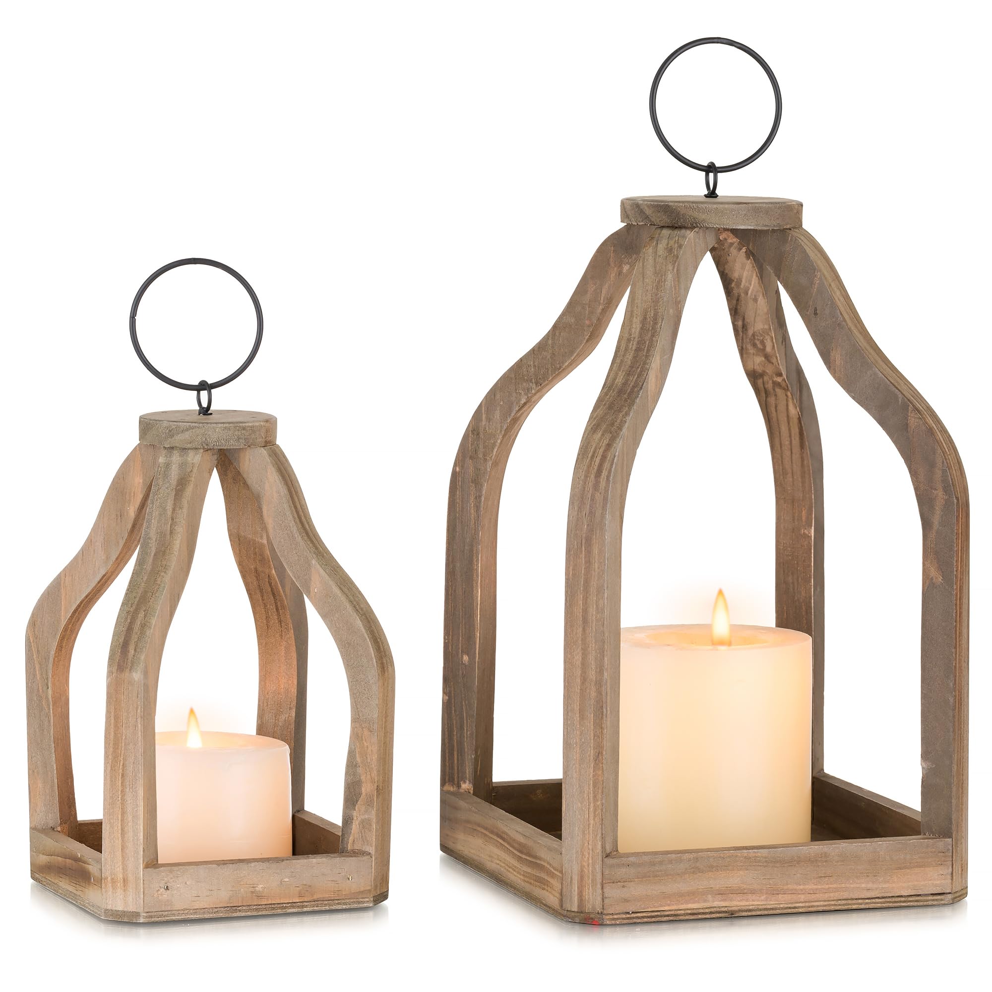 Staymoment Wood Decorative Candle Lanterns Set of 2, Indoor Farmhouse Hanging Candle Holder for Table Centerpiece Fireplace Mant
