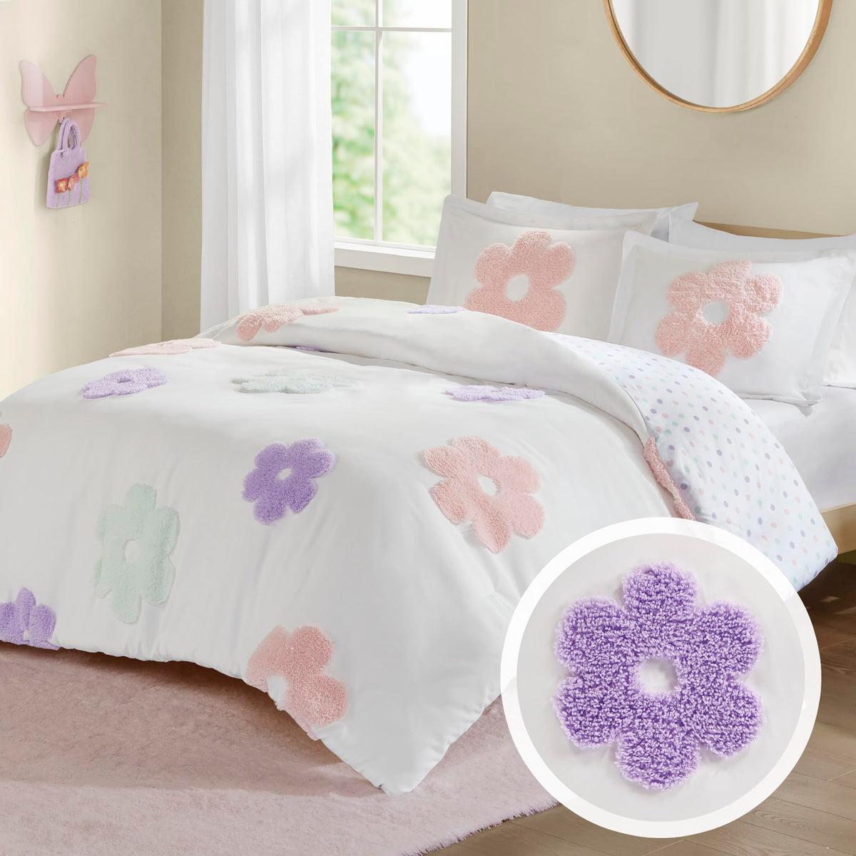 Urban Habitat Kids Queen Duvet Cover Set For Girls, Tufted Chenille Floral Duvet Set Queen, Lightweight Polka Dot Duvet Reversib