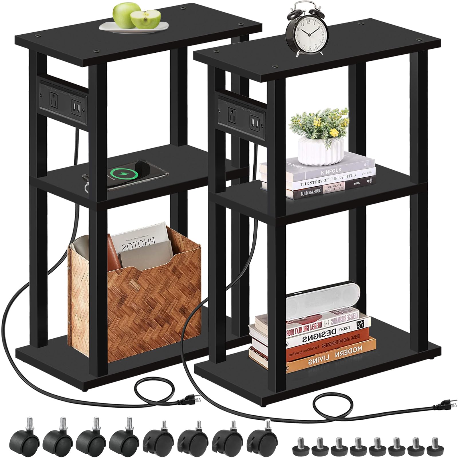 Tutotak Small Narrow Side Table With Charging Station, Set Of 2 Skinny End Table For Small Spaces, Slim Nightstand With Usb Ports And Outlet,Sofa Beside Table With Wheels, Black Tb01Bk047