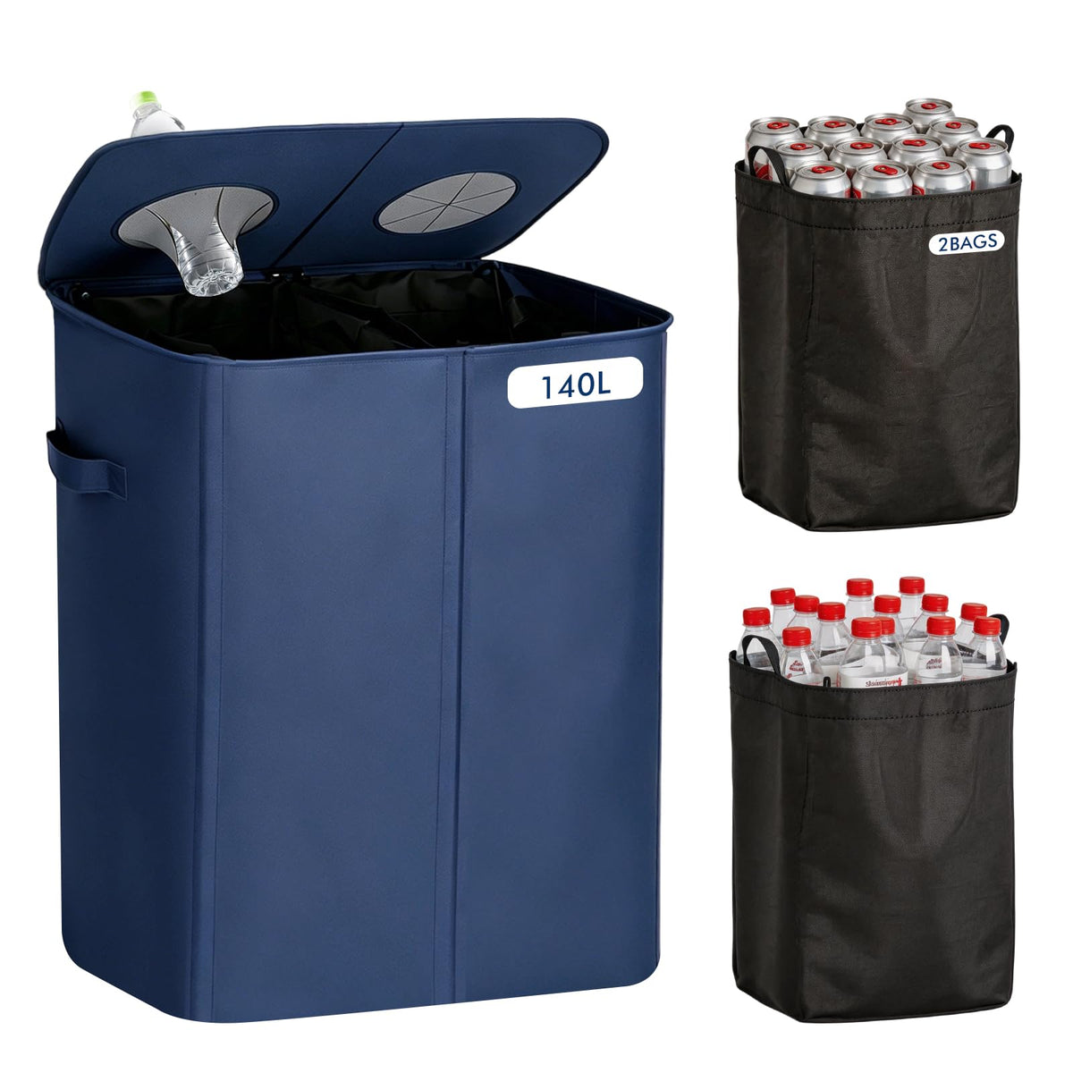 Dual Recycling Bins for Kitchen, 37 Gallon (140L) Double Trash Can, Indoor Oxford Fabric Recycling Bins with 2 Pack Removable an