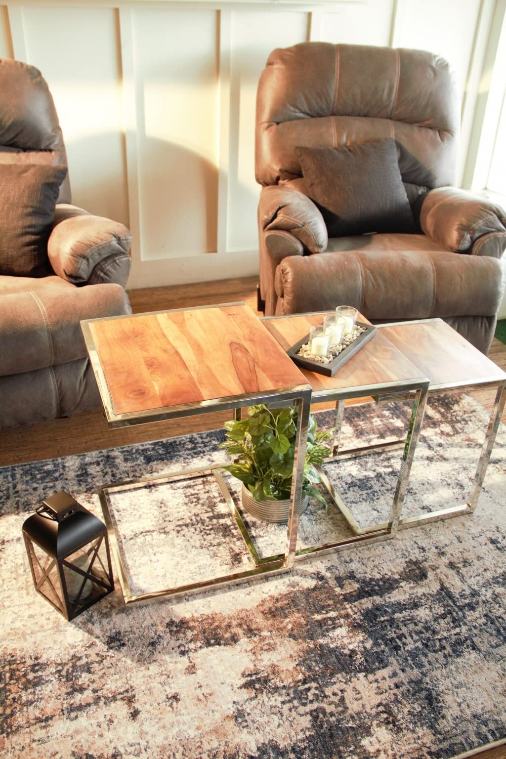 HomeRoots Metal/Mango Wood Set of Three Stylish Wood and Metal C Shaped Nesting End Tables