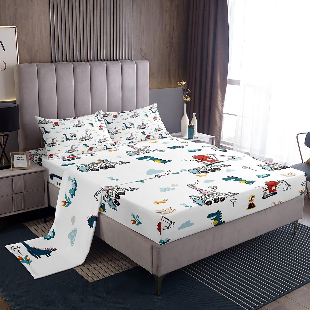 Feelyou Cartoon Dino Excavator Sheet Set Twin Size, Dinosaur Construction Bed Sheets Set Kids Toddler Construction Vehicles Shee
