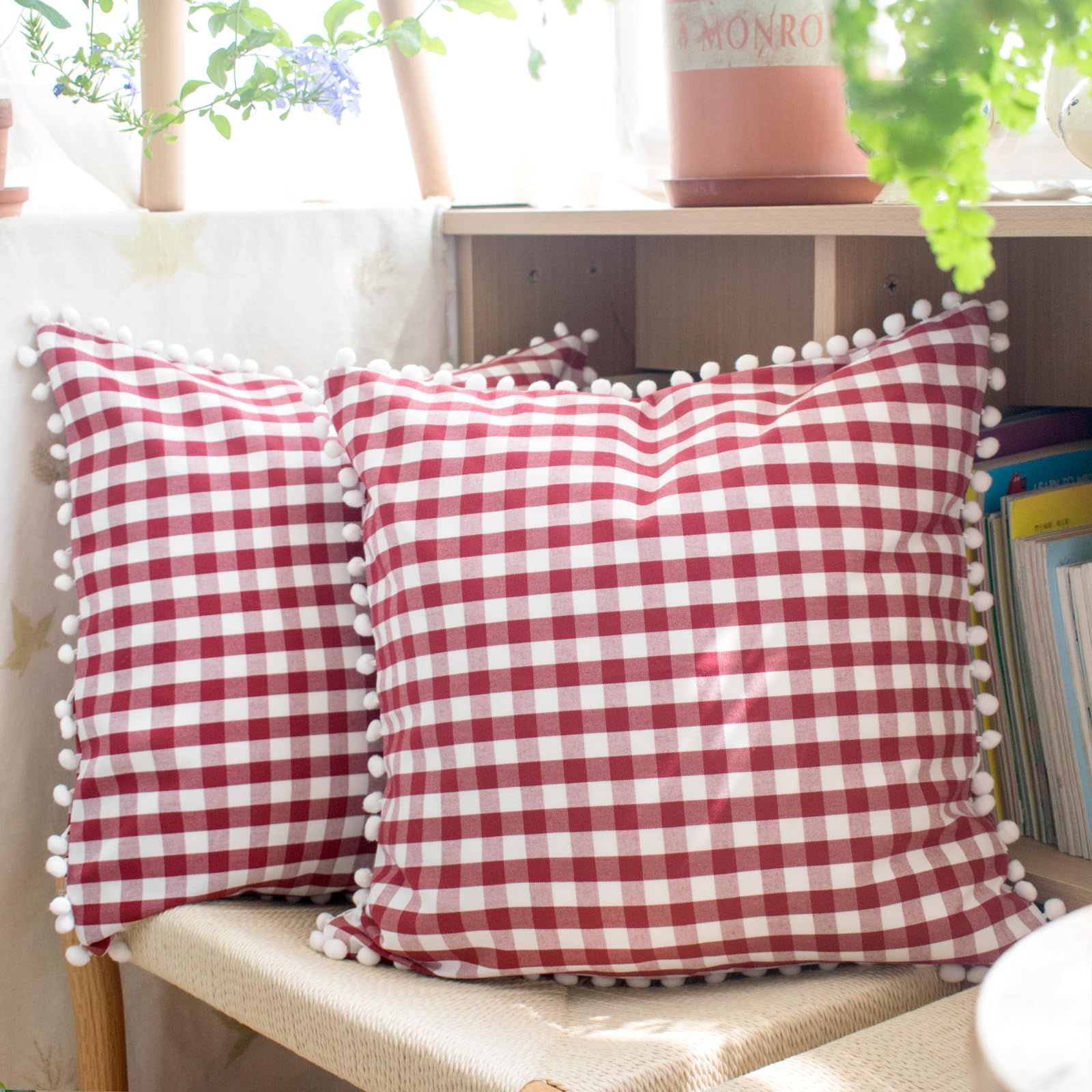 Hoplee Summer Red Throw Pillow Covers Farmhouse Gingham Pillow Covers With Poms For Home Decor Red And White 18X18 Inches Set Of