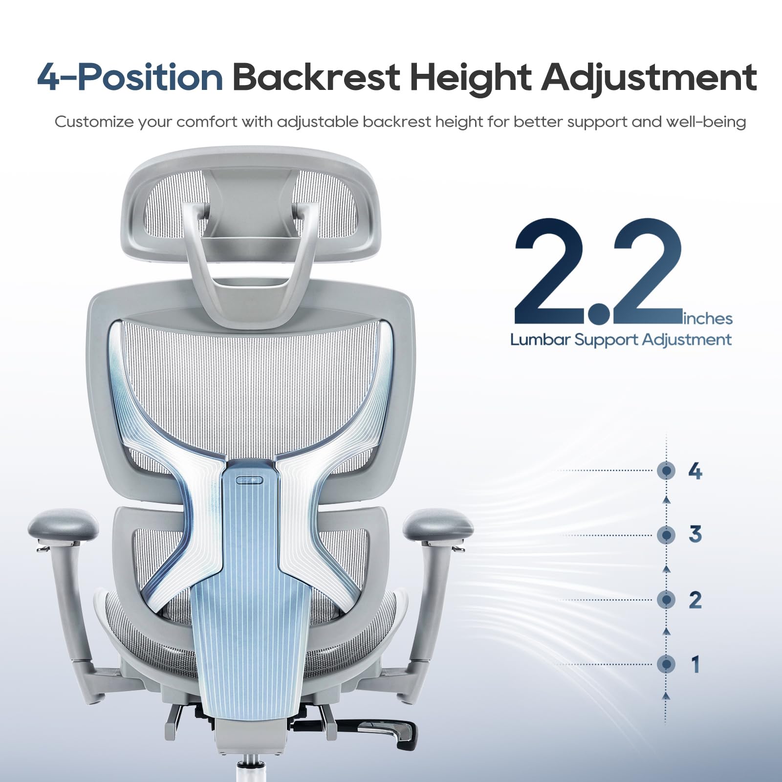Ergonomic Mesh Office Chair With Footrest, High Back Computer Executive Desk Chair With Lumbar Support, Adjustable Headrest And 4D Arms, Tilt Lock-Grey