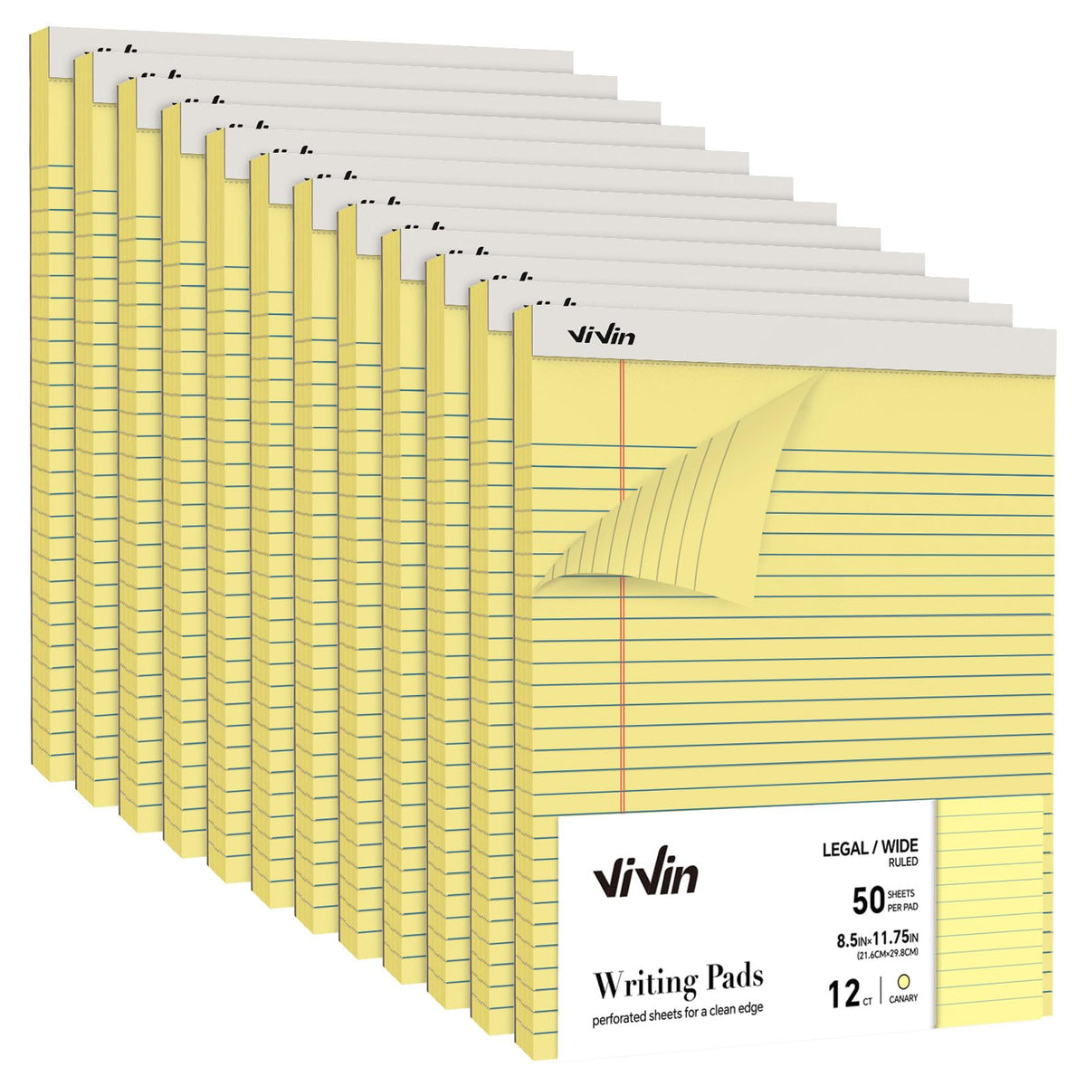 Vivin Legal Pads 8.5 X 11 Inch, Wide Ruled Note Pads, 12 Pack, 50 Sheet/Pad, Perforated Writing Pads, Notepads For Office Home S