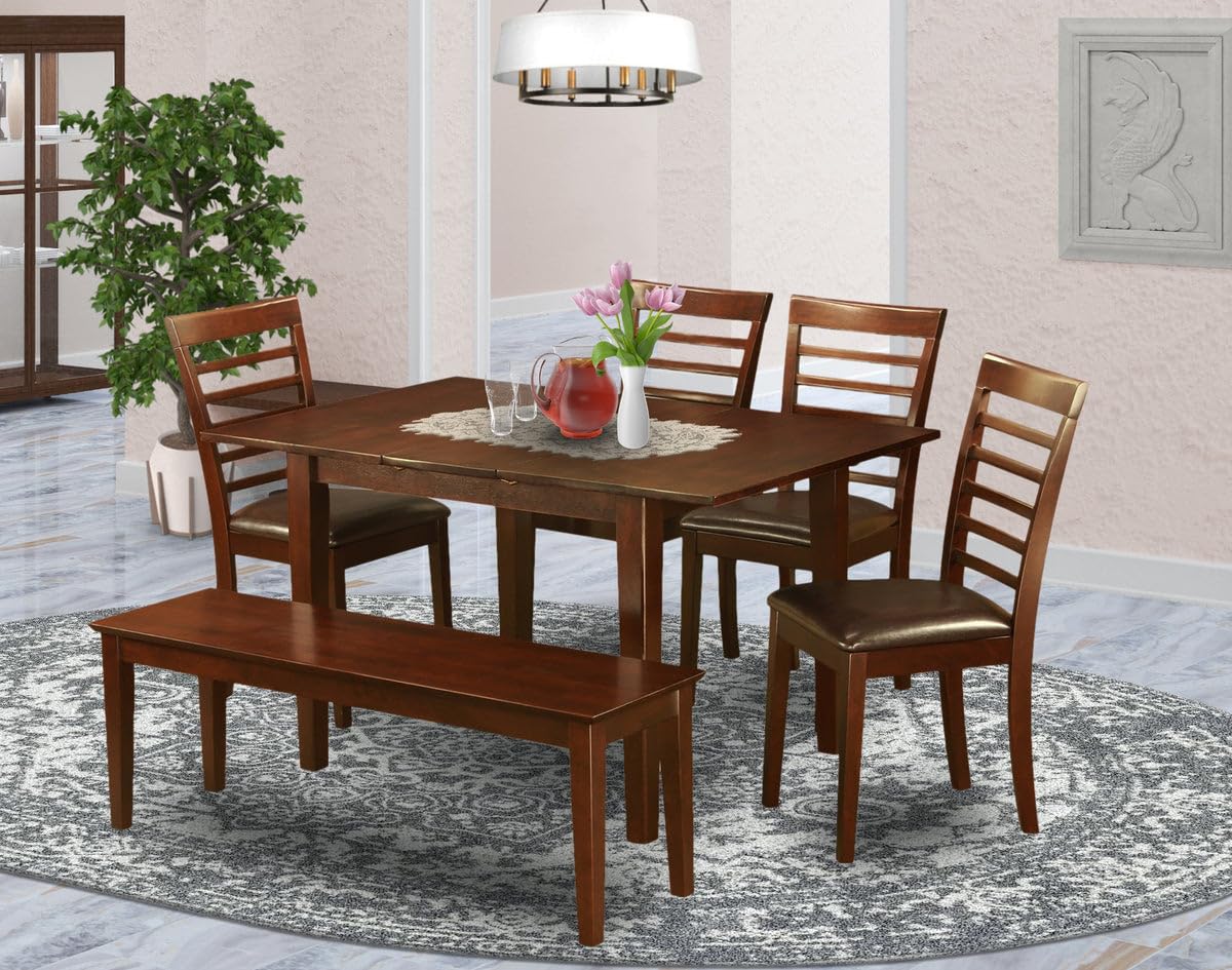 East West Furniture PSML6D-MAH-LC 6 Piece Dining Table Set Contains a Rectangle Dining Room Table with Butterfly Leaf and 4 Faux Leather Upholstered Chairs with a Bench, 32x60 Inch, Mahogany