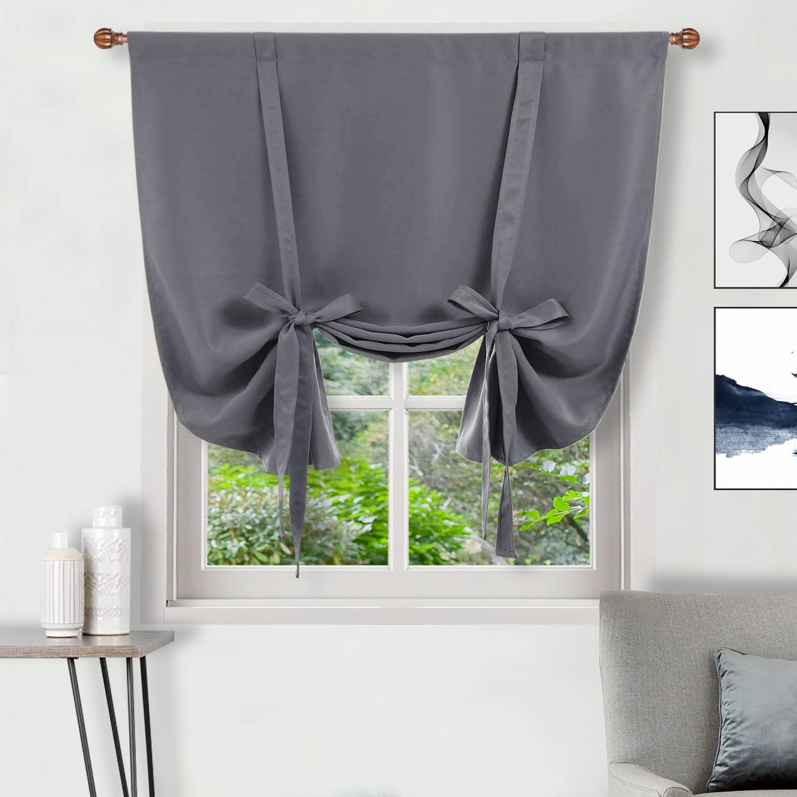 DWCN Blackout Curtains-Tie Up Shade for Window Thermal Insulated Room Darkening Rod Pocket Curtains for Kitchen, Grey, W42 X L43