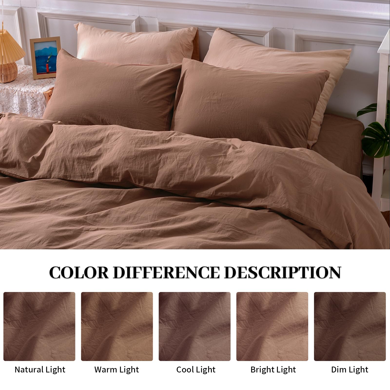 Nexhome Pro Duvet Cover Set 100% Washed Cotton Full Size Linen Feel Textured Organic Natural 3 Pieces Bedding Set Mocha Brown With Zipper Closure And Corner Ties, Breathable (No Comforter)