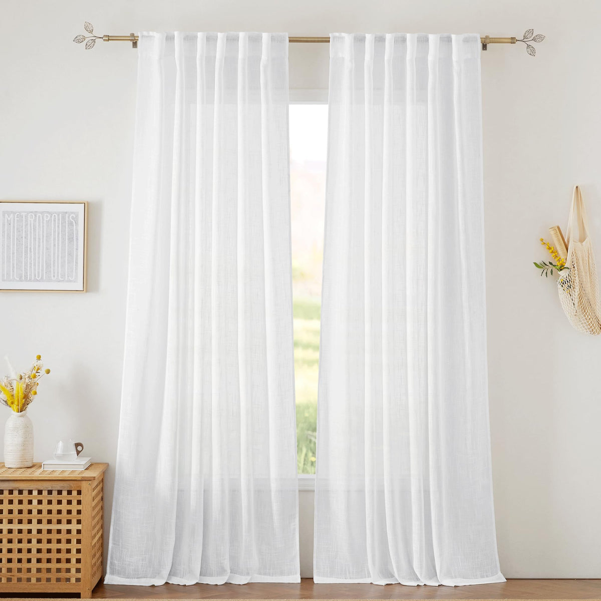 Ryb Home Linen Sheer Curtains For Living Room Textured Semi Sheer Curtains Large Window Treatment For Bedroom Patio Door, White,