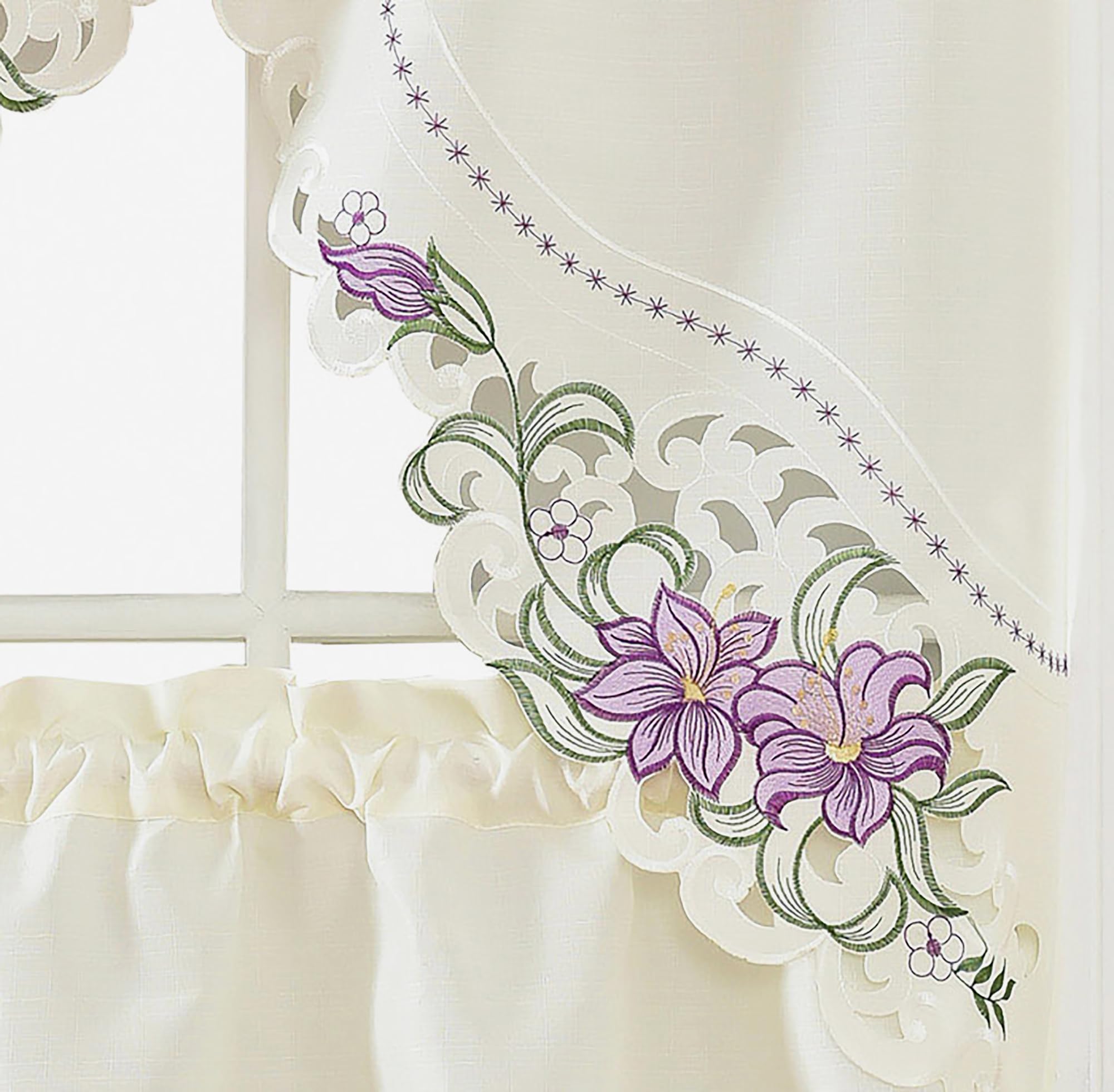 GOHD - Lily Fragrance. 3pcs Multi-Color Embroidery Curtain/Cafe Curtain/Swag & Tiers Set with cutworks. (Purple)