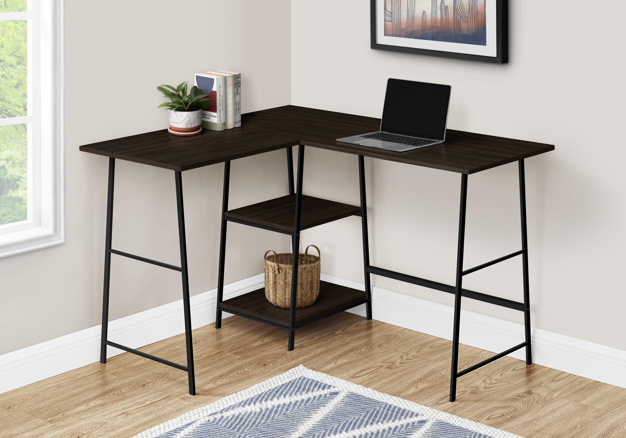 Monarch Specialties 7590 Computer Desk, Home Office, Corner, Storage Shelves, 48&Quot; Shape, Work, Laptop, Metal, Laminate, Brown, Contemporary, Modern Desk-48 Top, 42&Quot;L X 47.25&Quot;W X 30&Quot;H, Espresso/Black