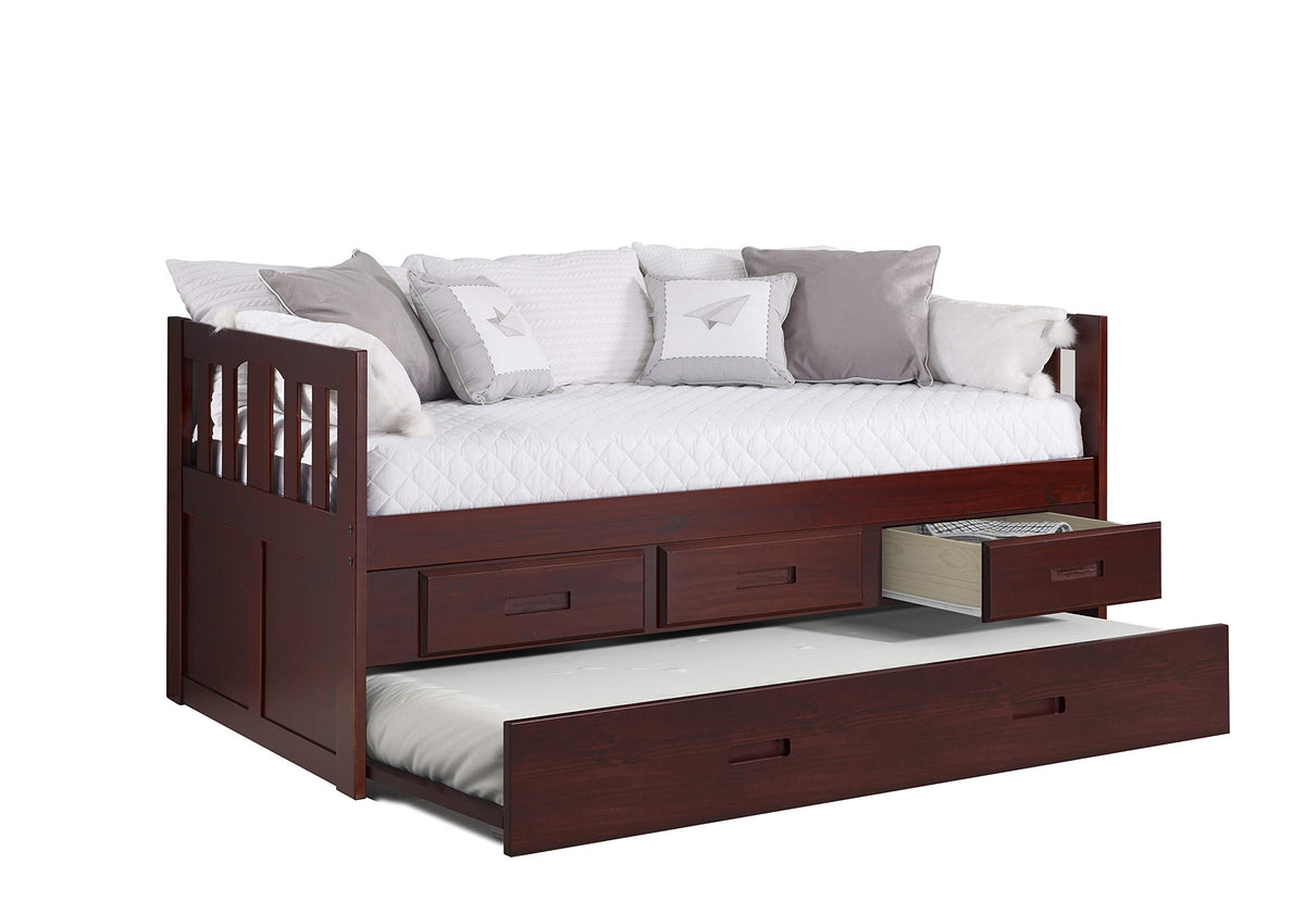 Donco Kids Captain Mission Twin Merlot Day Bed With 3 Drawer Under Bed Storage & Twin Trundle