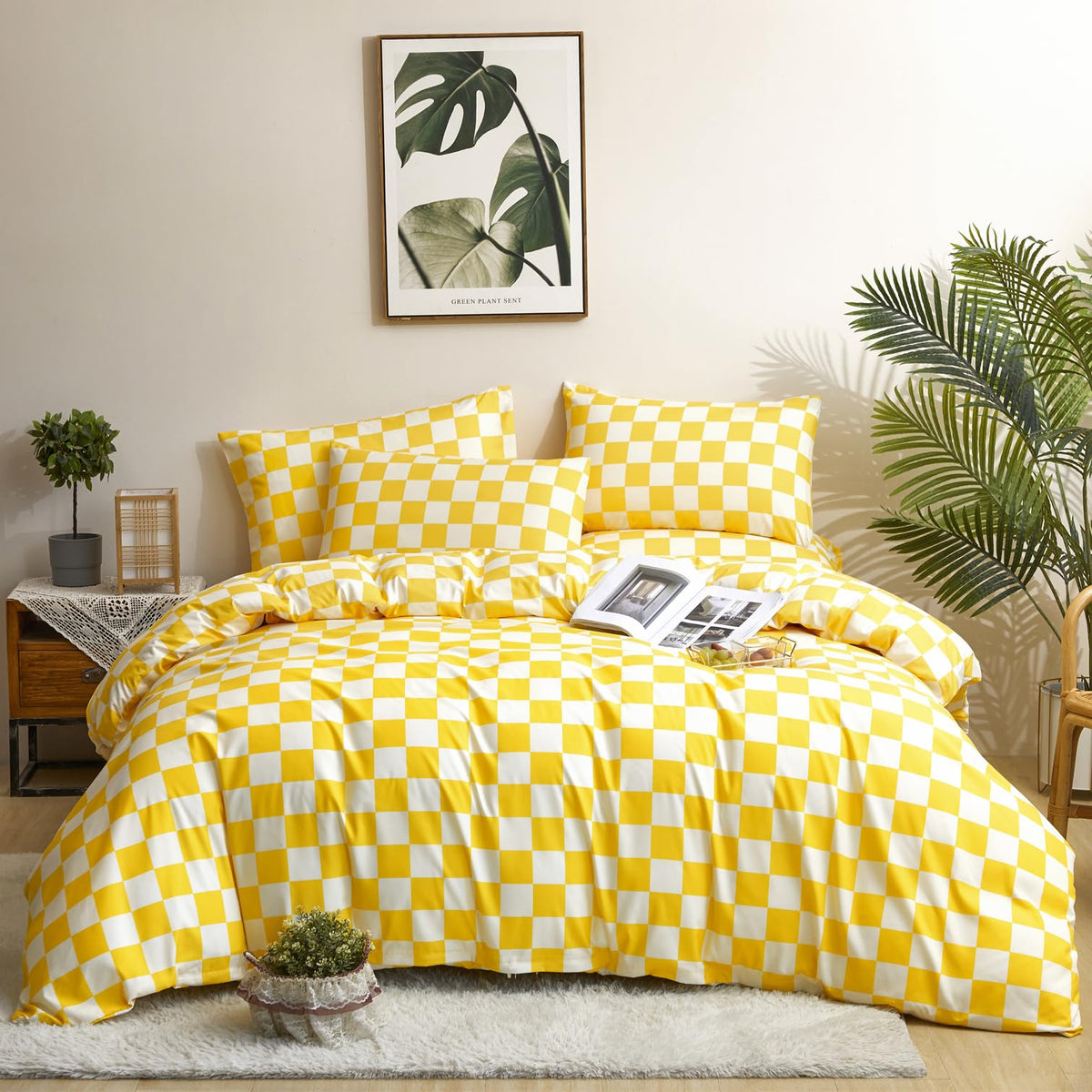Karever Yellow White Grid Comforter Set Cal King Yellow Plaid Bedding Set Women Yellow And White Checkered Bed Comforter Set Bre