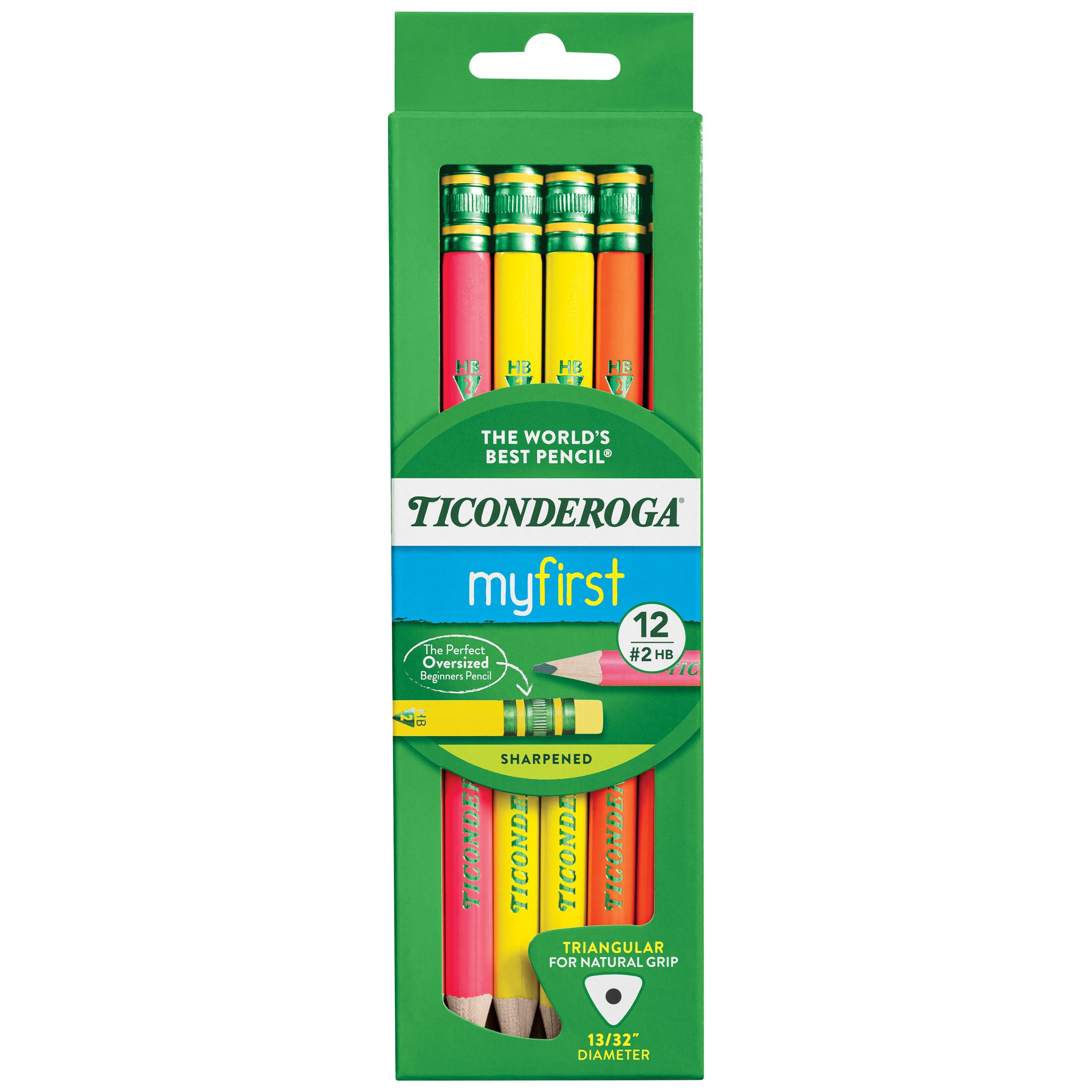 Ticonderoga My First Tri-Write Wood-Cased Pencils, Pre-Sharpened, 2 Hb, With Erasers, Neon Colors, 12 Count