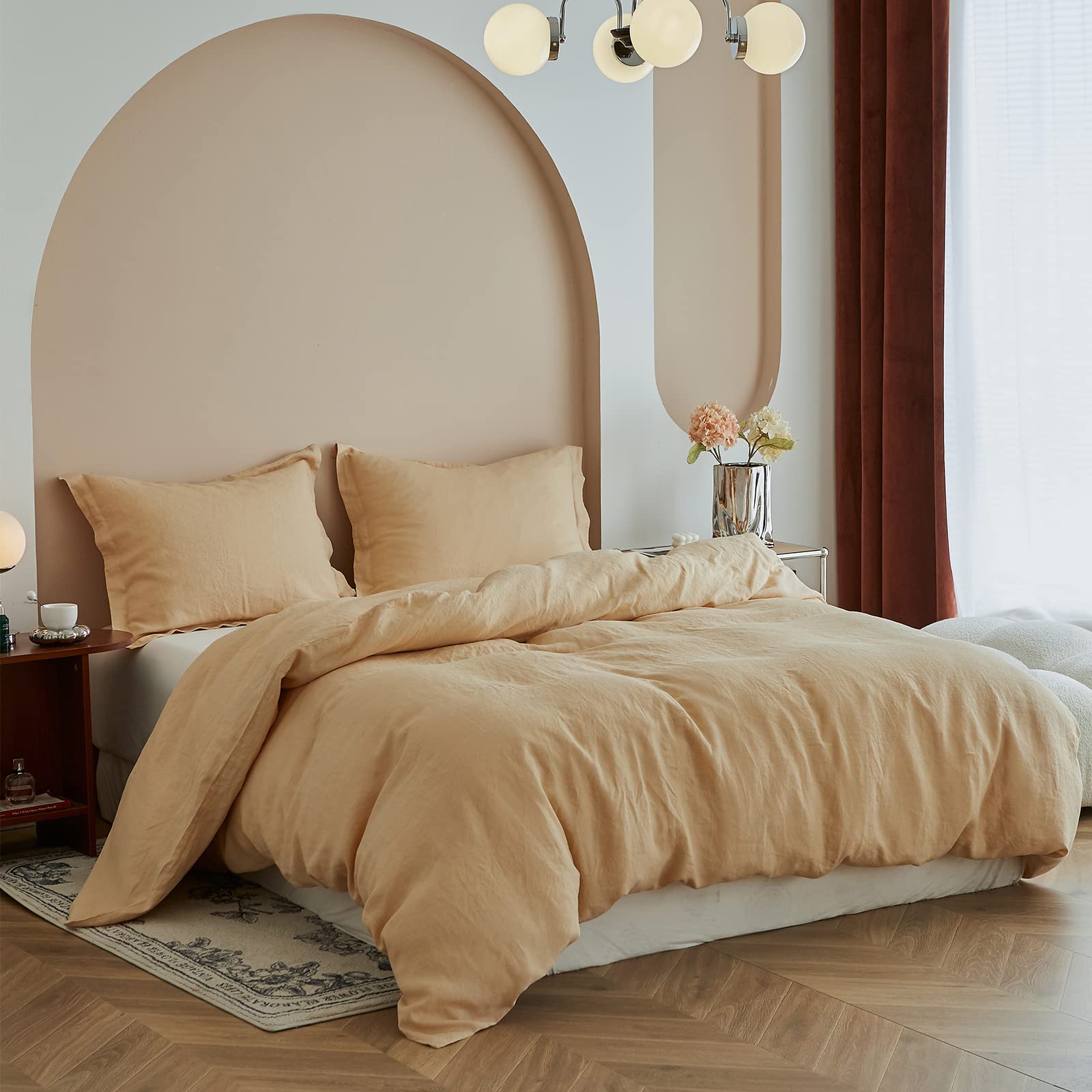 Simple&Opulence 100% Linen Duvet Cover Set, 3 Pcs Pure Natural French Flax Sand Duvet Cover Queen Size, Breathable Soft Comfy Li