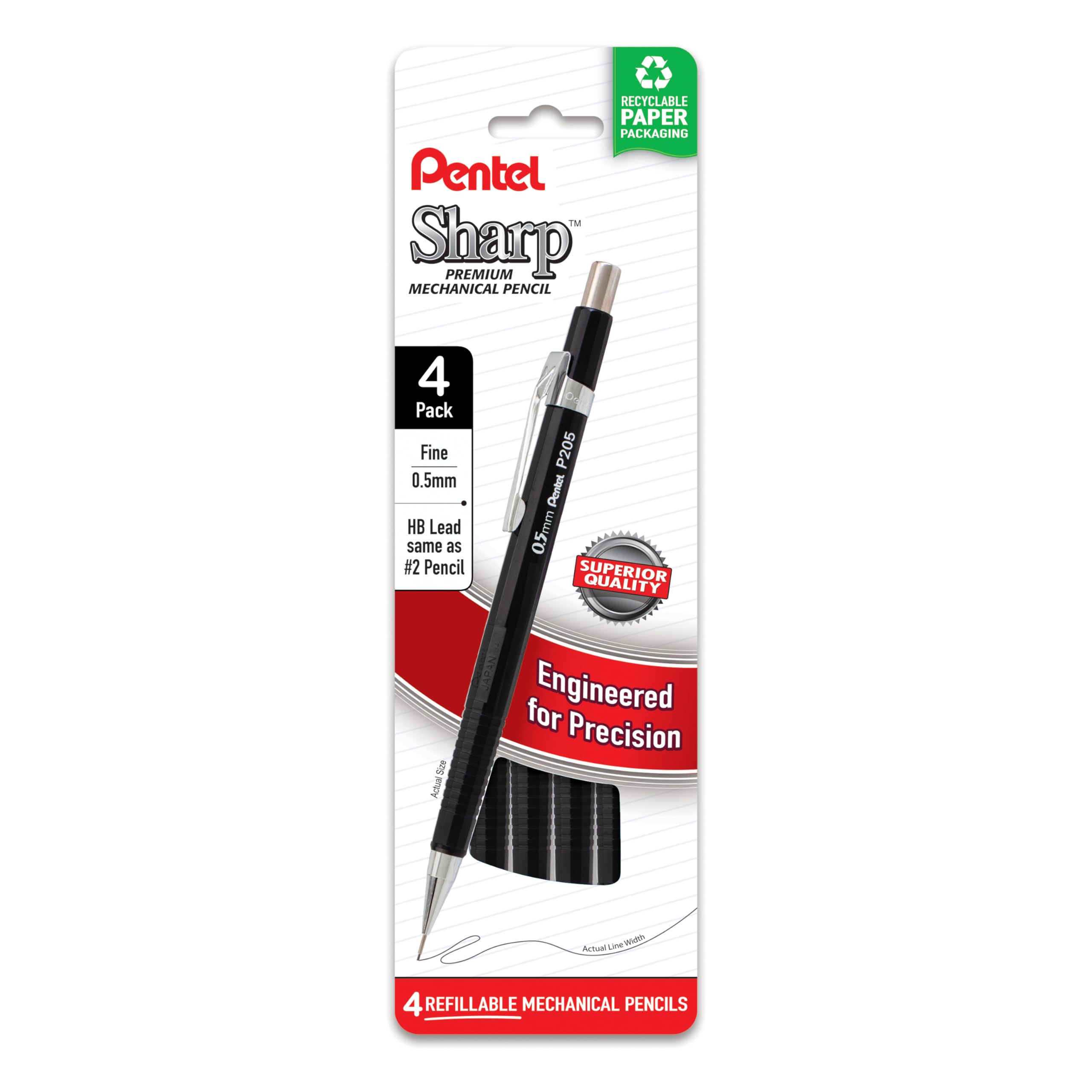 Pentel Sharp Mechanical Pencil, (0.5Mm), Fine Line, Black Barrel, Pack Of 4 (P205Pf4A)