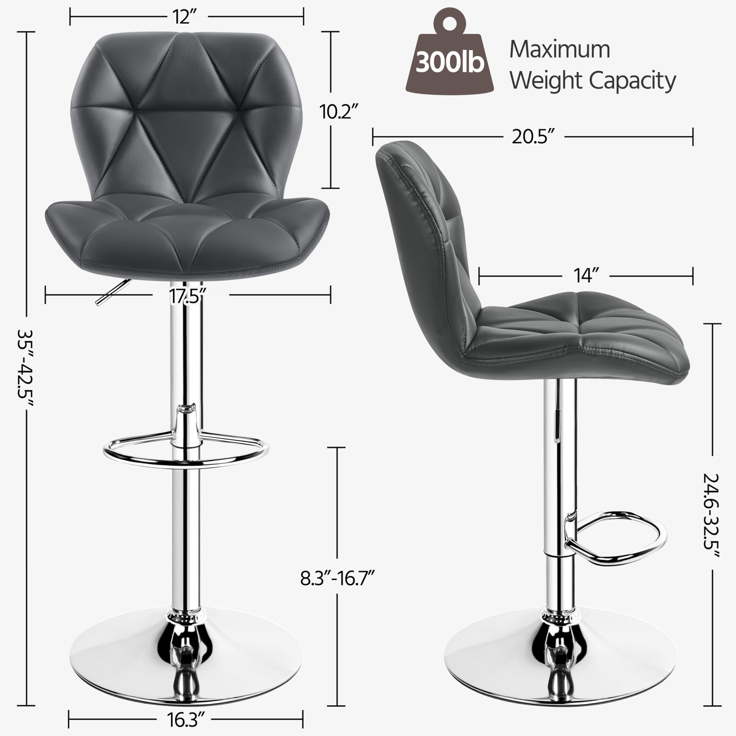 Yaheetech Grey Bar Stools Set Of 2, Pu Leather Bar Chairs With Backrest, Height Adjustable Swivel Island Stools For Bar, Kitchen Counter, Grey