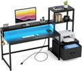 GreenForest Office Desk with Power Outlets and Printer Shelf, 59 inch Computer Desk with LED and Drawer, Reversible Gaming Desk 