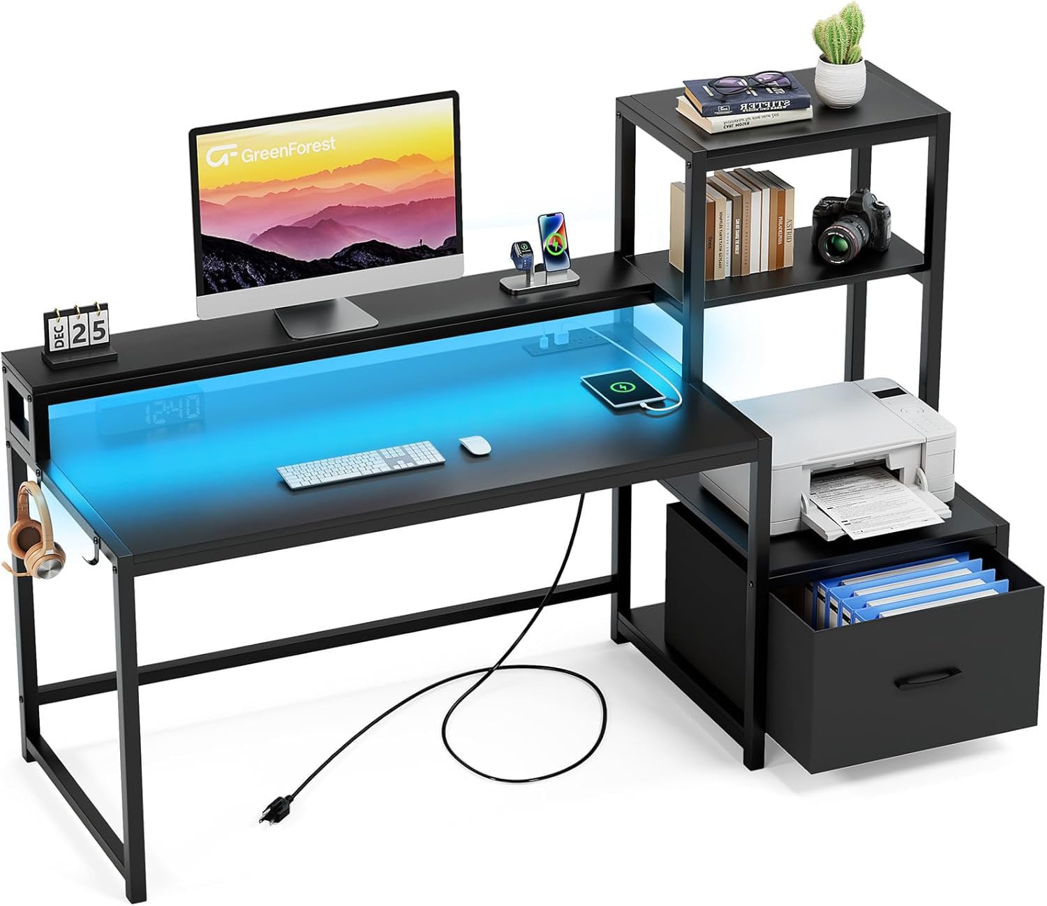 GreenForest Office Desk with Power Outlets and Printer Shelf, 59 inch Computer Desk with LED and Drawer, Reversible Gaming Desk 