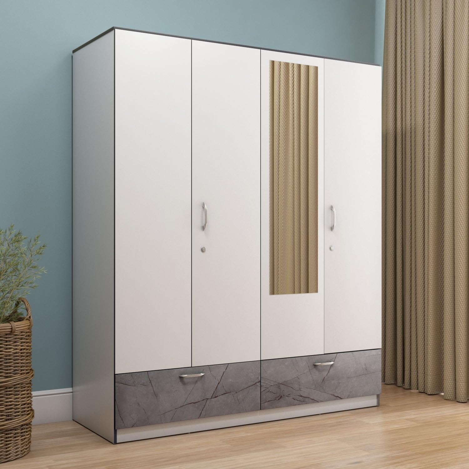 Nilkamal Marbito 4Door Wooden Wardrobe With Mirror For Bedroom|Engineered Wood Build|Clothes Cupboard|2 Drawers With Marble Fin