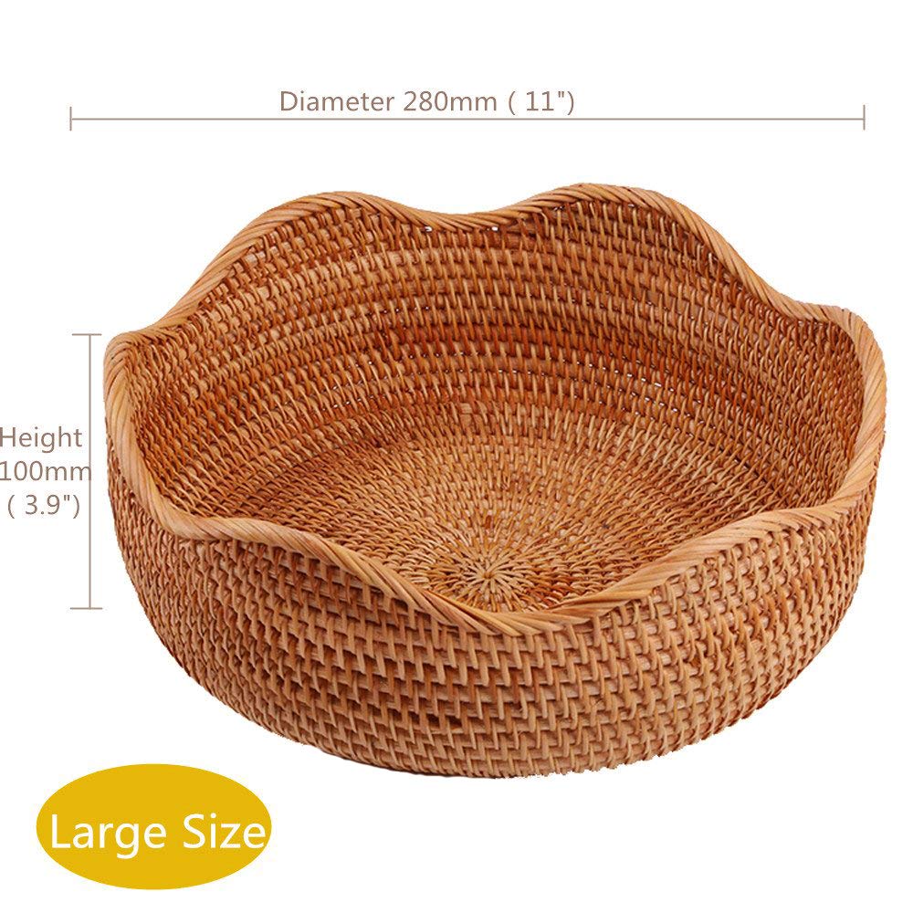 Amololo Handmade Rattan Round Fruit Basket Food Storage Bowl Kitchen Organizer Snack Serving Bowl 9 10 11 Inch Wavy Edge Circle