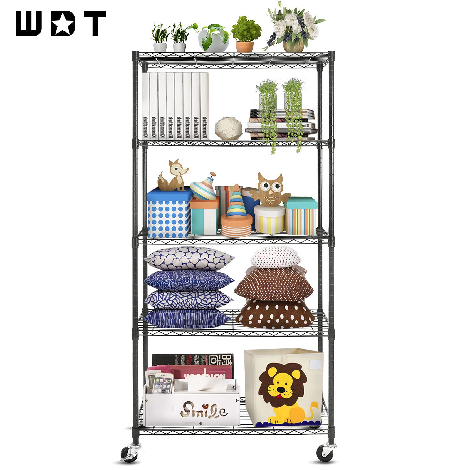Wdt 5-Shelf Shelving Units On Wheels Casters, Adjustable Heavy Duty Metal Shelf Wire Storage Rack For Home Office Garage Kitchen Bathroom Organization(16”Wx36”Dx75”H), Black