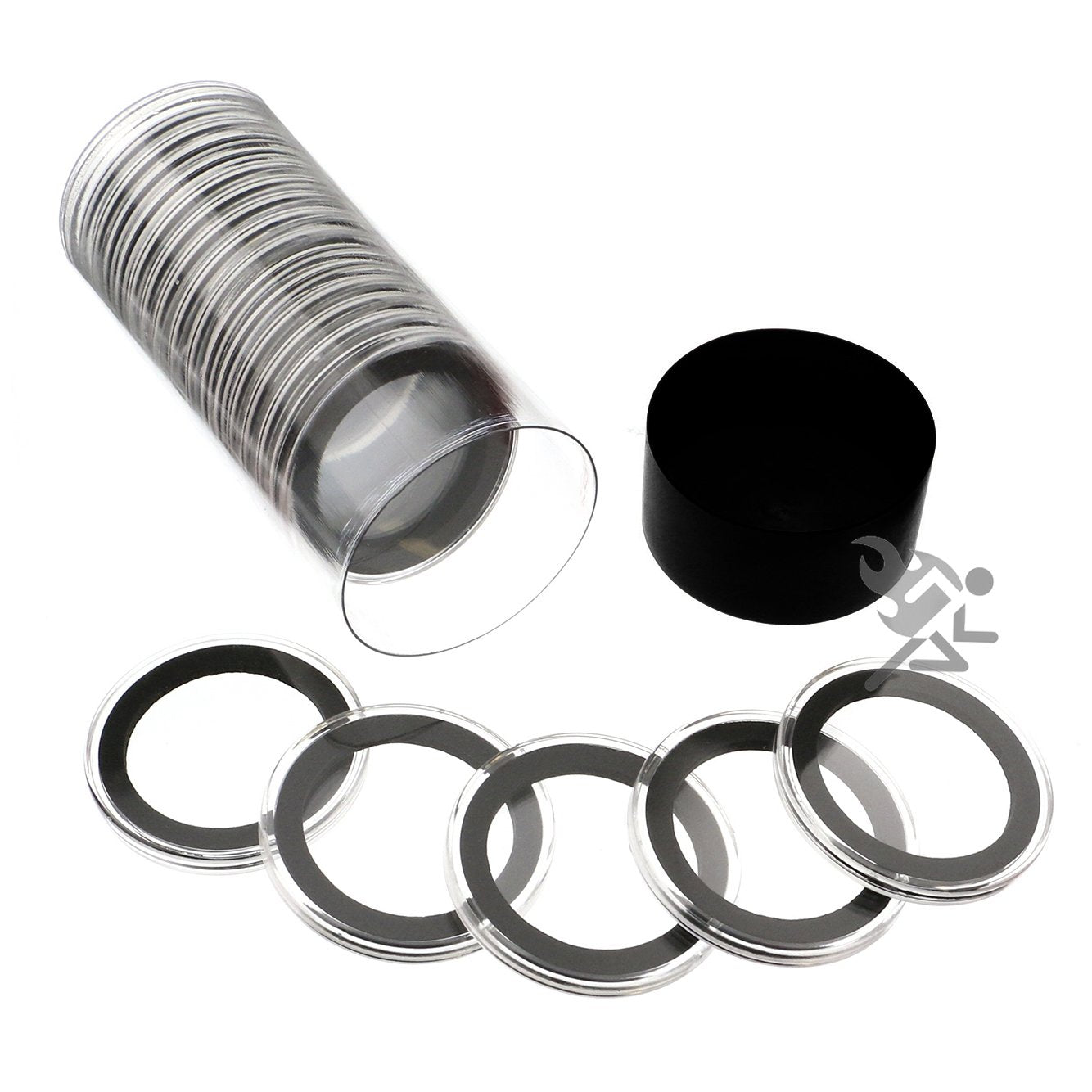 Black Lid Capsule Tube & 20 37Mm Black Ring Coin Holders For 1Oz Philharmonics