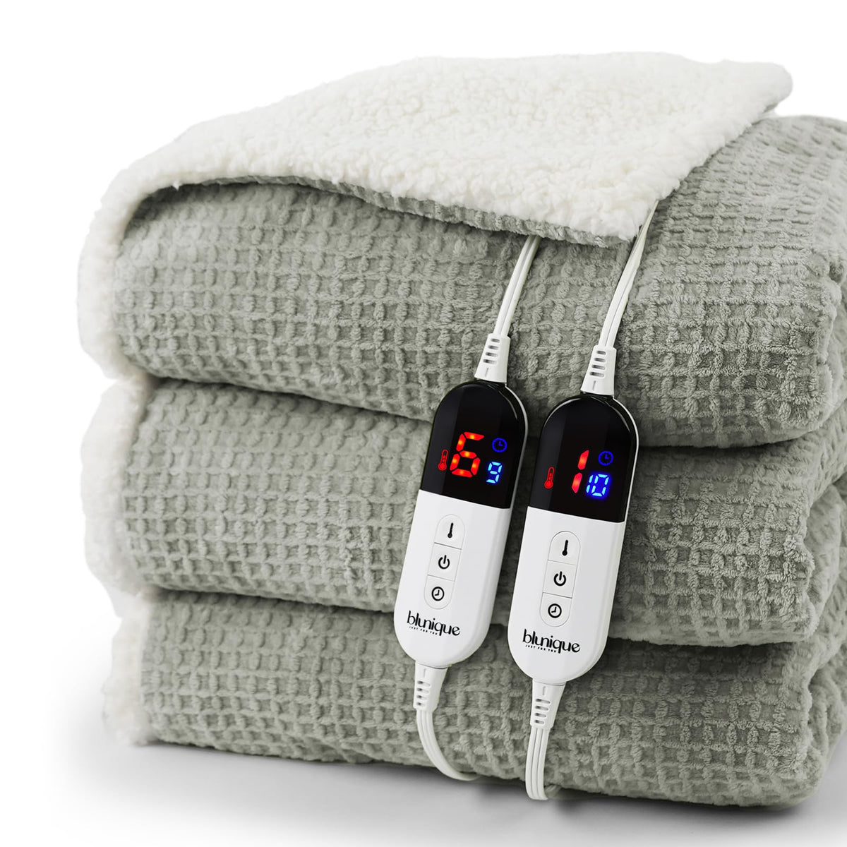 blunique Heated Blanket Electric Blanket Queen Waffle, 84x90 Inches Dual Controllers Sherpa Fleece Fast Heating Blanket 6 Heatin