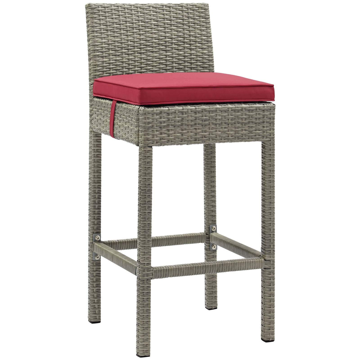 Modway Conduit Wicker Rattan Outdoor Patio Bar Stool With Cushion In Light Gray Red