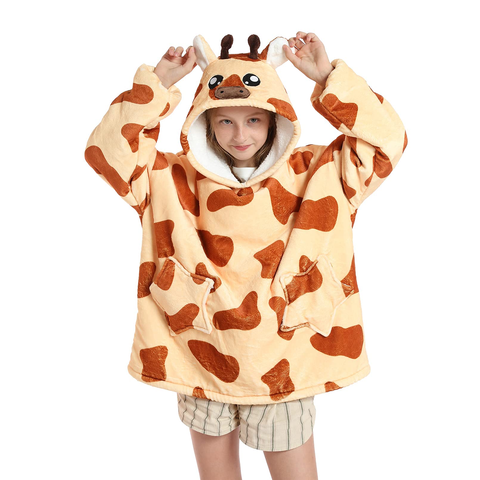 Wearable Blanket Hoodie For Kids 4-12Yr Oversized Animal Hooded Blanket Super Soft Comfortable Warm Flannel Giraffe