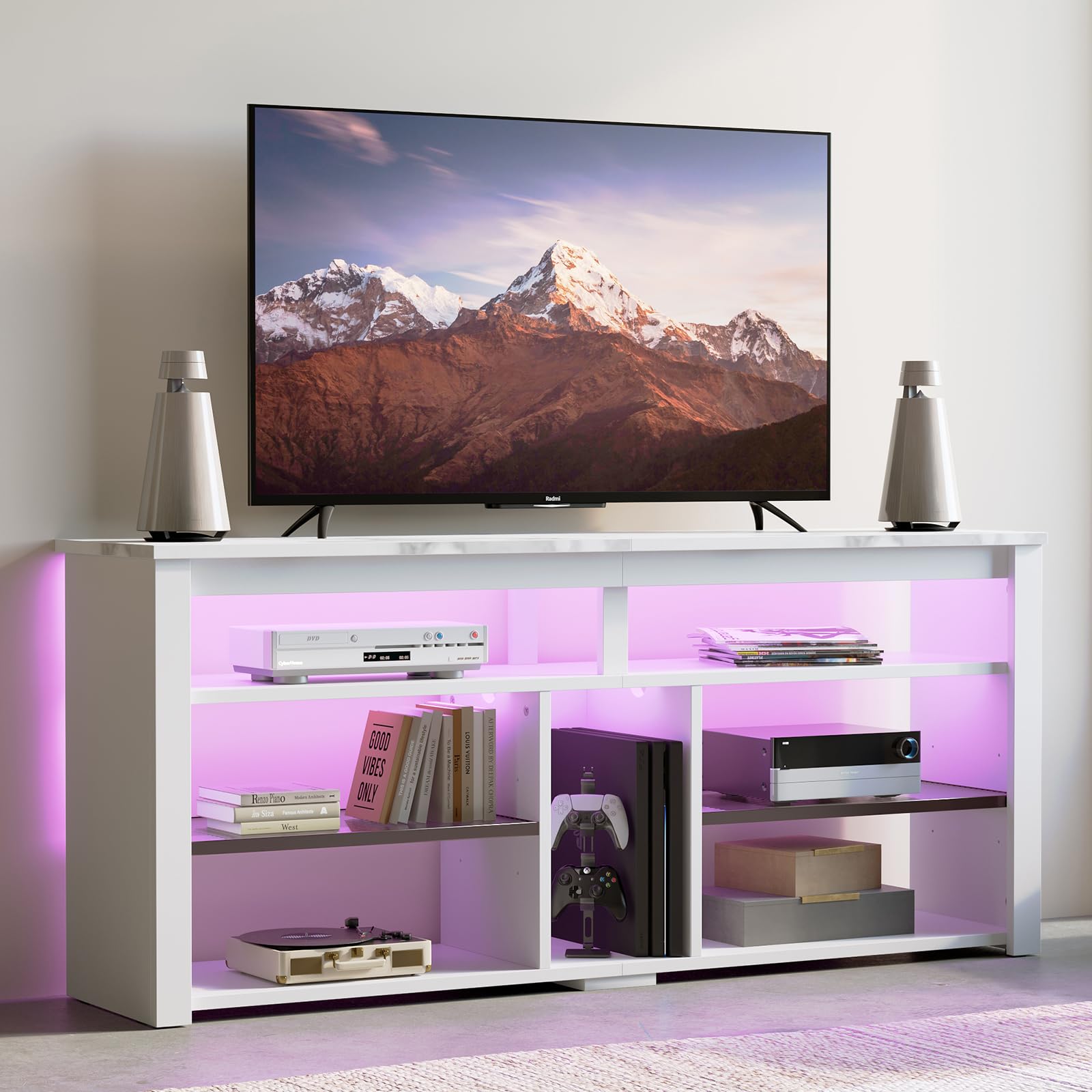 Bestier LED Tall Entertainment Center, 55 inch TV Stand for 55/60/65 inch TV, TV Console with Storage for PS5, Media TV Cabinet 