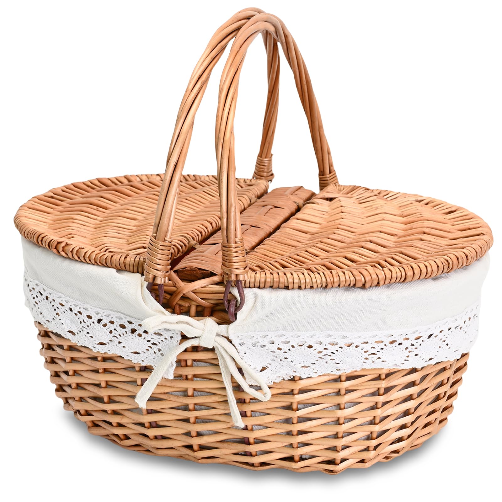 Large 15.4' Wicker Picnic Basket With Removable Liner Empty Picnic Baskets With Lid, Picnic Hamper With Foldable Handles For Pi