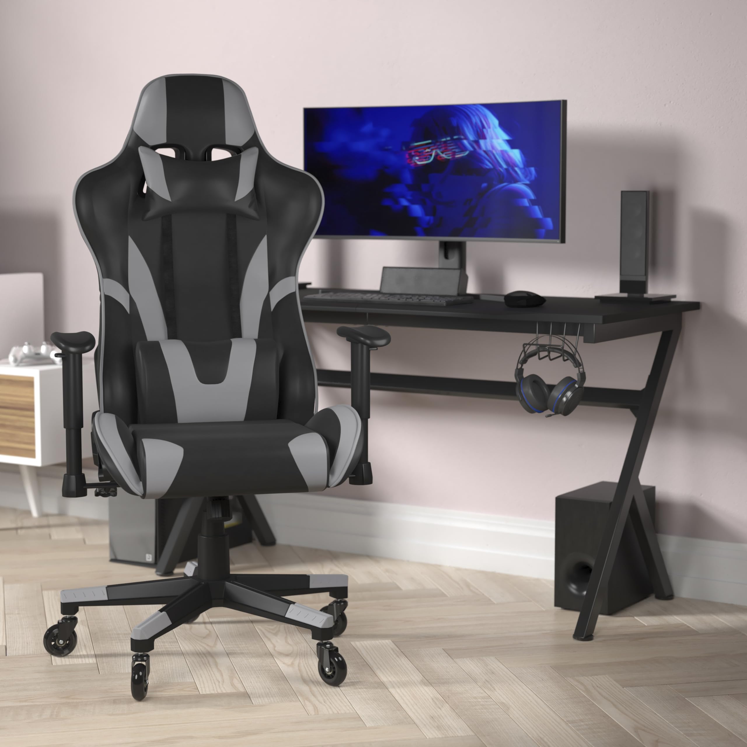 Flash Furniture X20 Gaming Chair Racing Office Computer Pc Adjustable Chair - Gray Leathersoft Upholstery - Reclining Back - Roller Wheels