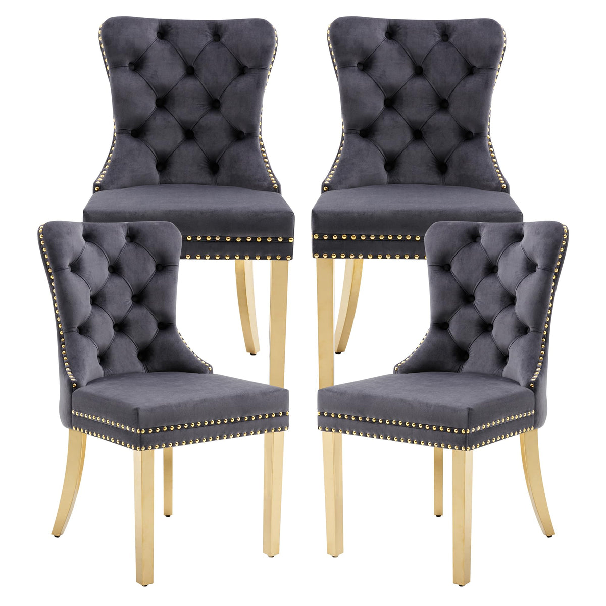 Goolon Dining Room Chairs Set Of 4, Tufted Velvet Chairs With Golden Stainless Legs, Rivet Trim Metal Pull Ring Large Back For K