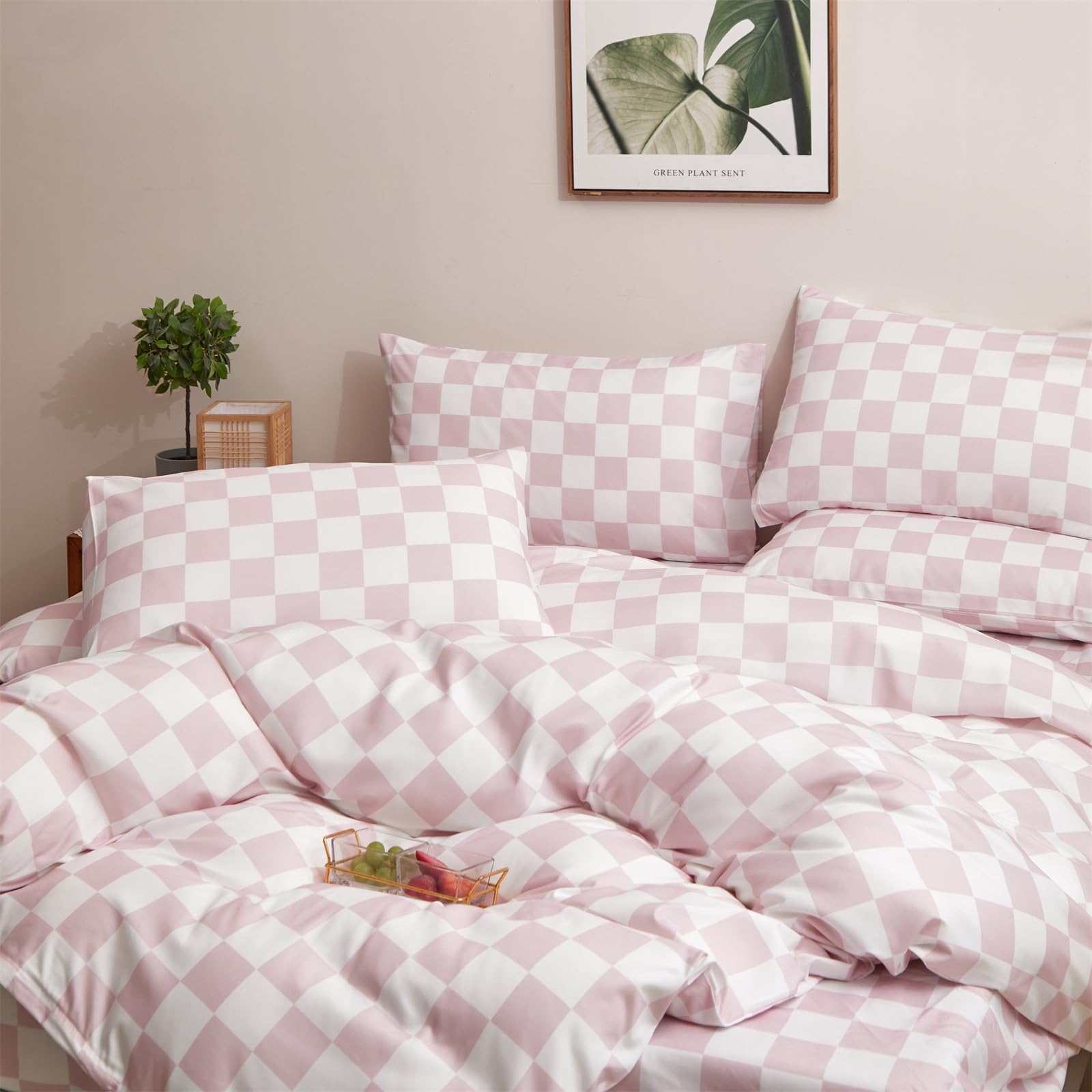 Clothknow Pink Grid Queen Comforter Set 3Pcs Blush White Bedding Comforter Sets Plaid Comforter Queen Pink Checked Queen Size Comforter Sets