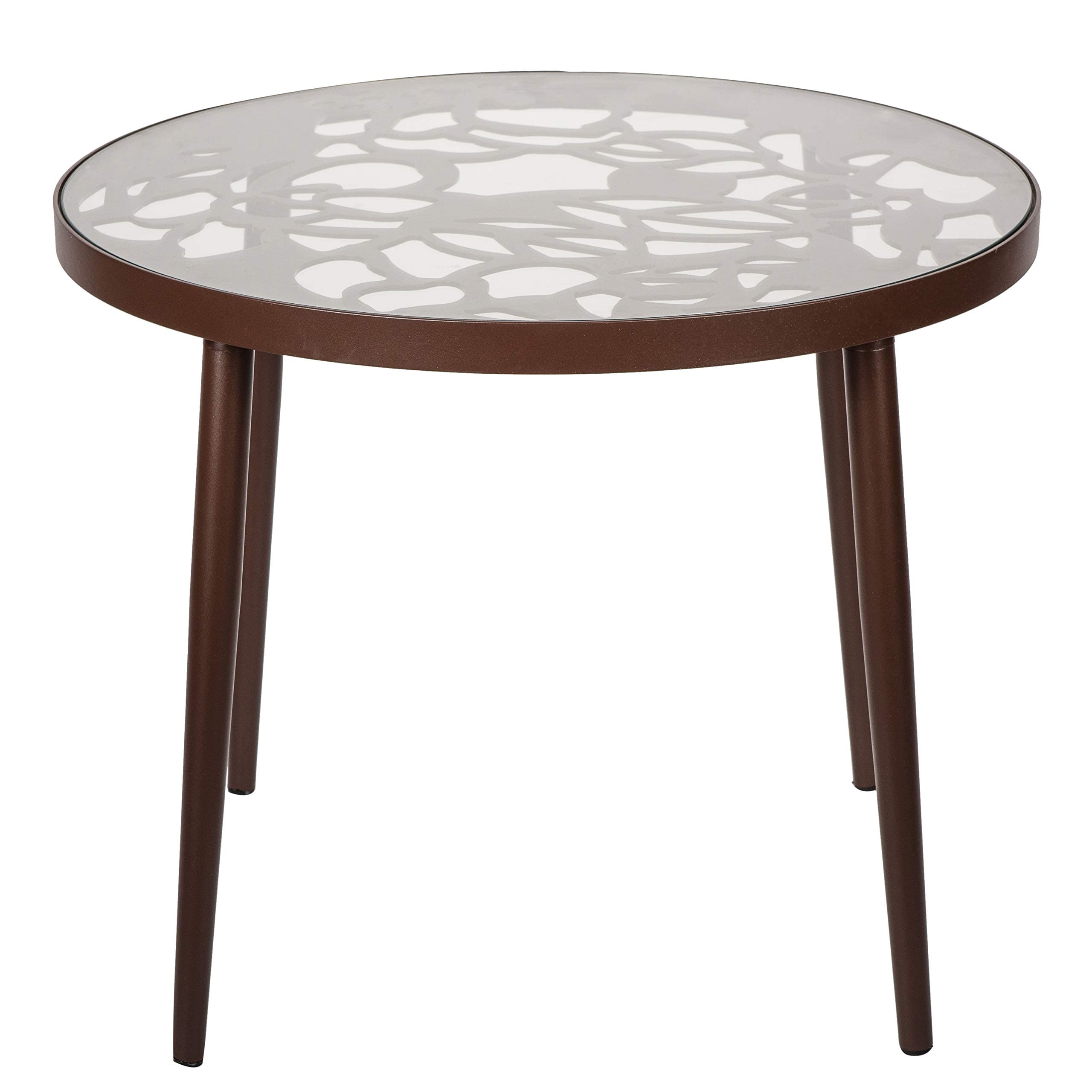 LeisureMod Brown End Table, Glass Top with Tree Design & Aluminum Base for Indoor & Outdoor Use