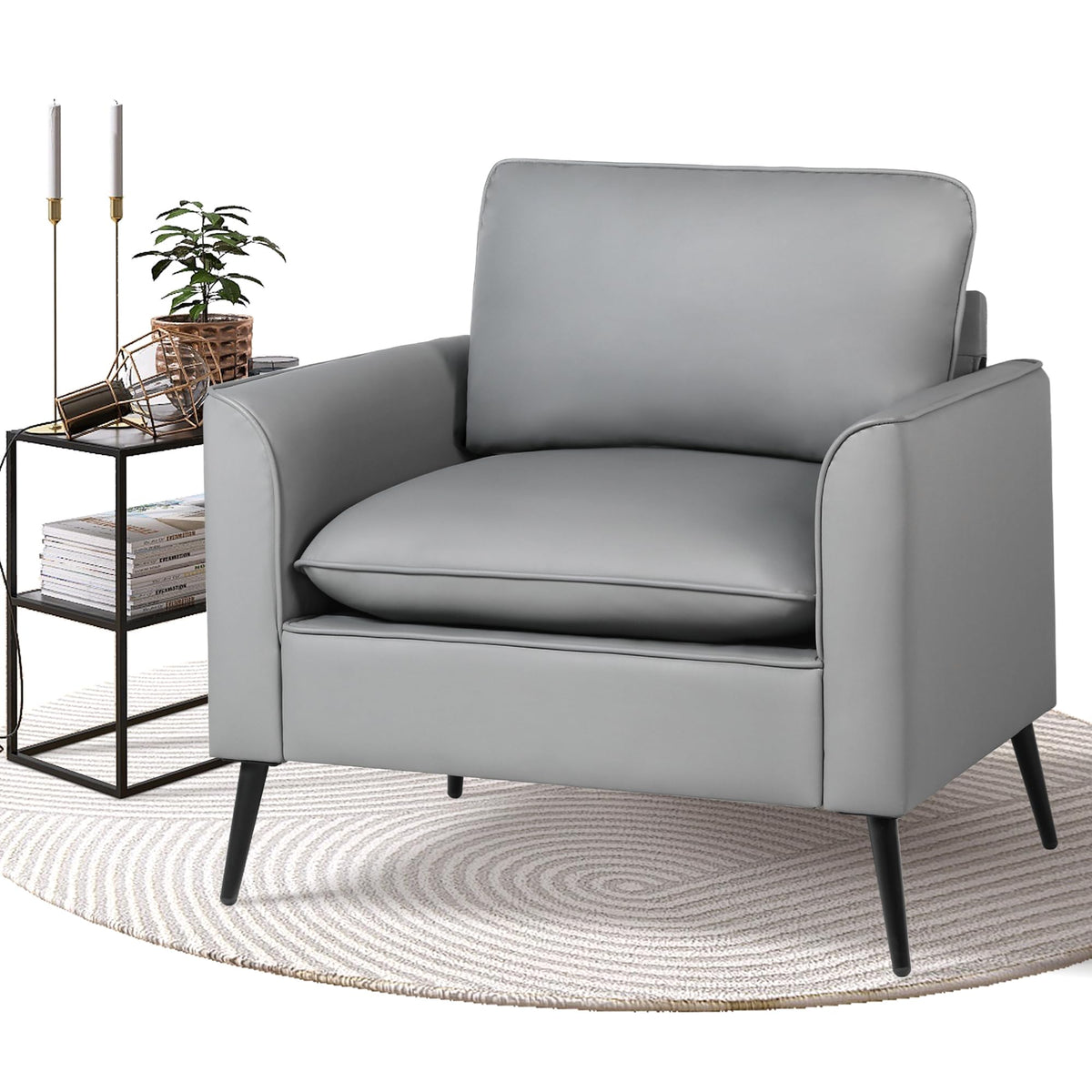 Tyboatle Accent Chair, Grey Leather Accent Chair, Comfy Living Room Chair, Cozy Reading Sitting Chair, Mid Century Modern Accent