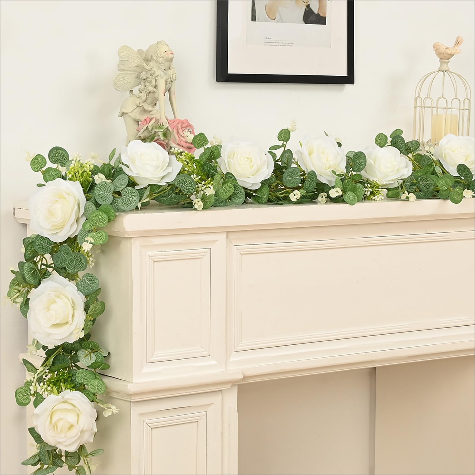 Dolicer 4Pcs 26Ft Artificial Eucalyptus Garlands With Flowers - 8 Roses, Faux Floral Greenery Garlands Fake Flowers Vines For We