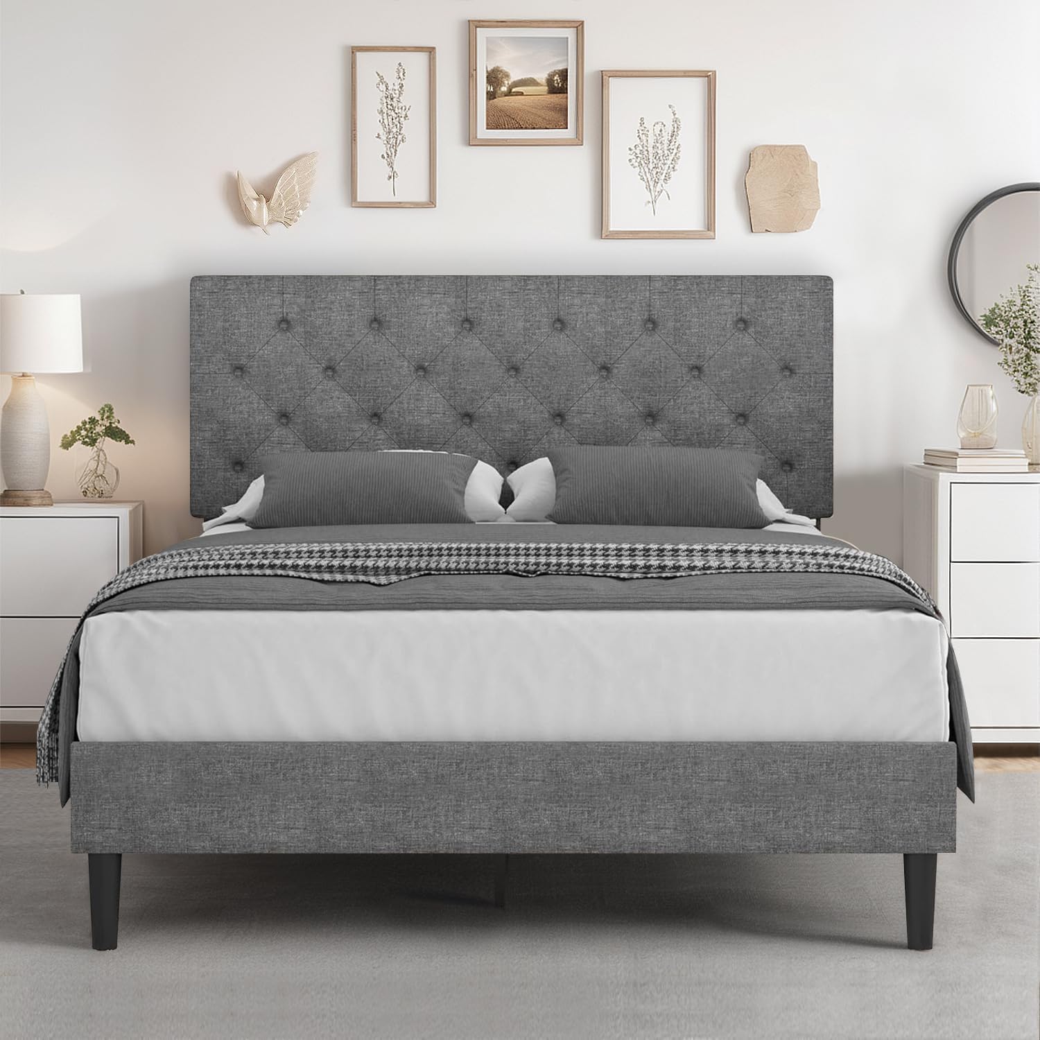 Hombck Full Bed Frame With Headboard, Linen Fabric Upholstered Bed Frame Full, Grey Bed Frame With Wood Slats, Button Tufted, No Box Spring Needed, Light Grey