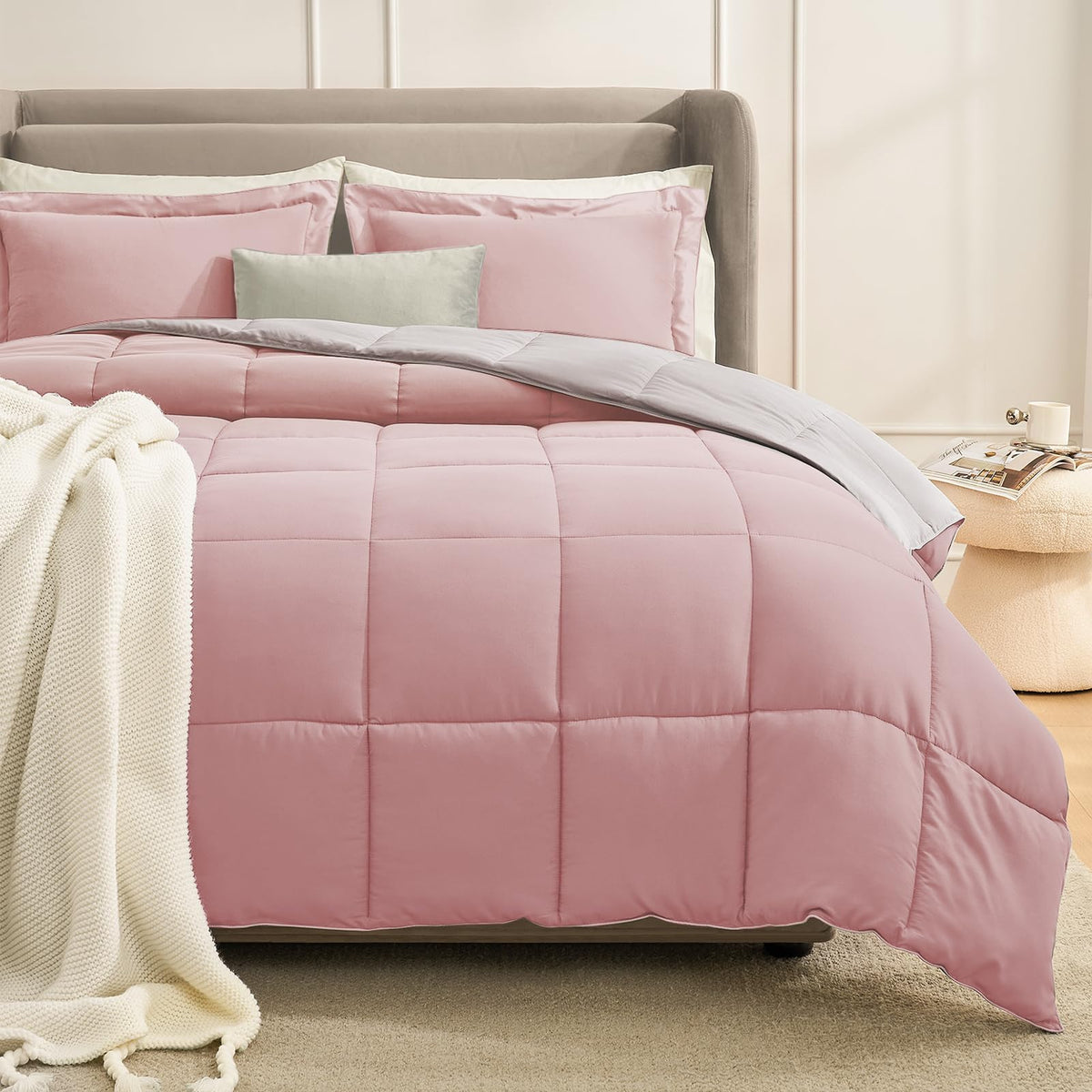 Homelike Moment King Size Comforter Set Pink/Grey, Lightweight Reversible Comforter Sets King Size Bed, Soft Down Alternative Ki