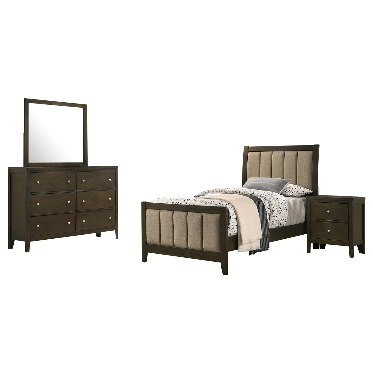 Coaster Home Furnishings Wilkes Transitional 4-Piece Bedroom Set Fabric Upholstered Twin Size Panel Bed Frame 51-inch Headboard Dark Cocoa 224421T-S4