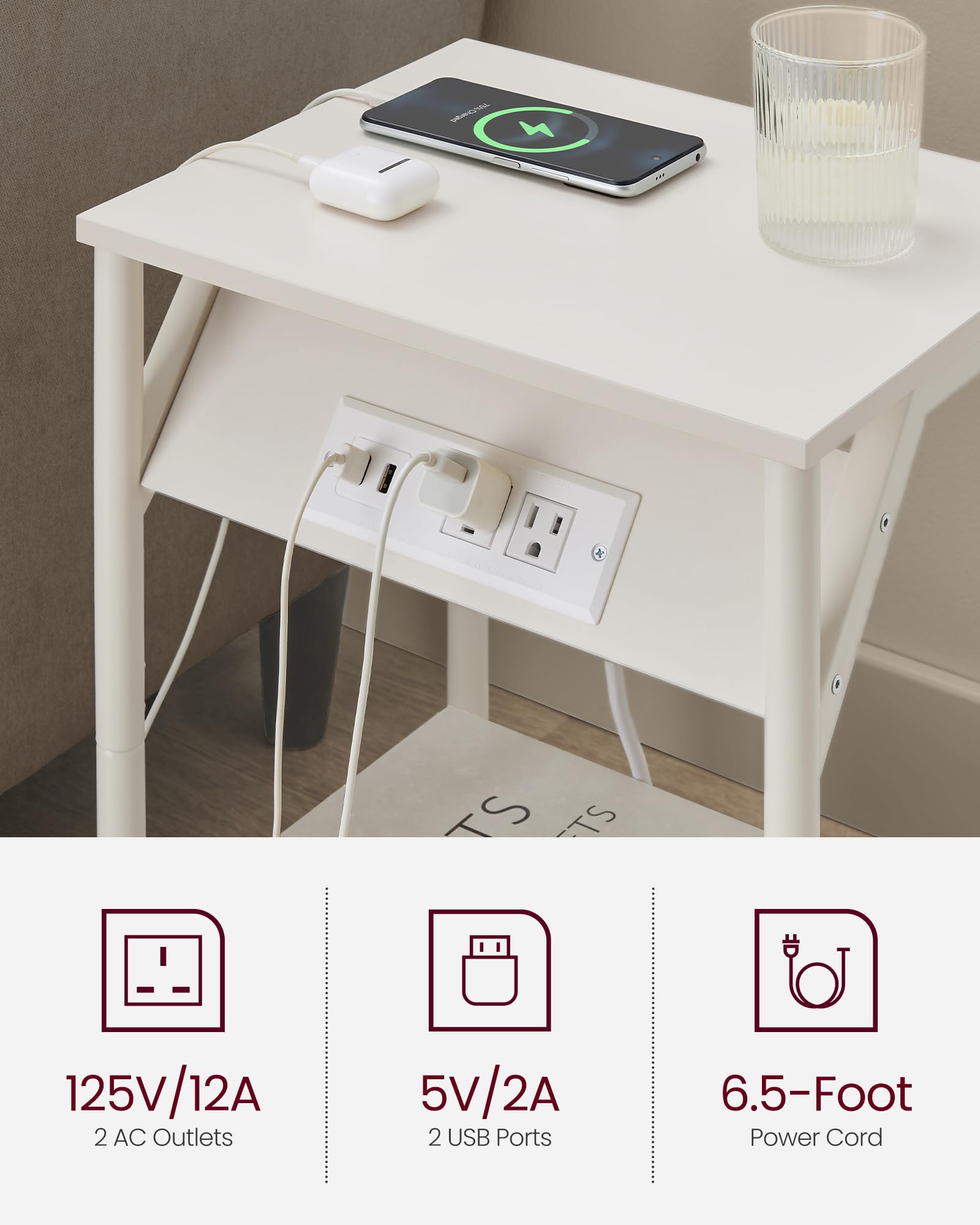 Vasagle End Table With Charging Station, Set Of 2, Small Side Tables For Living Room, Bedroom, Nightstand With Outlets And Usb Ports, Bedside Table With Storage Shelf, Cream White