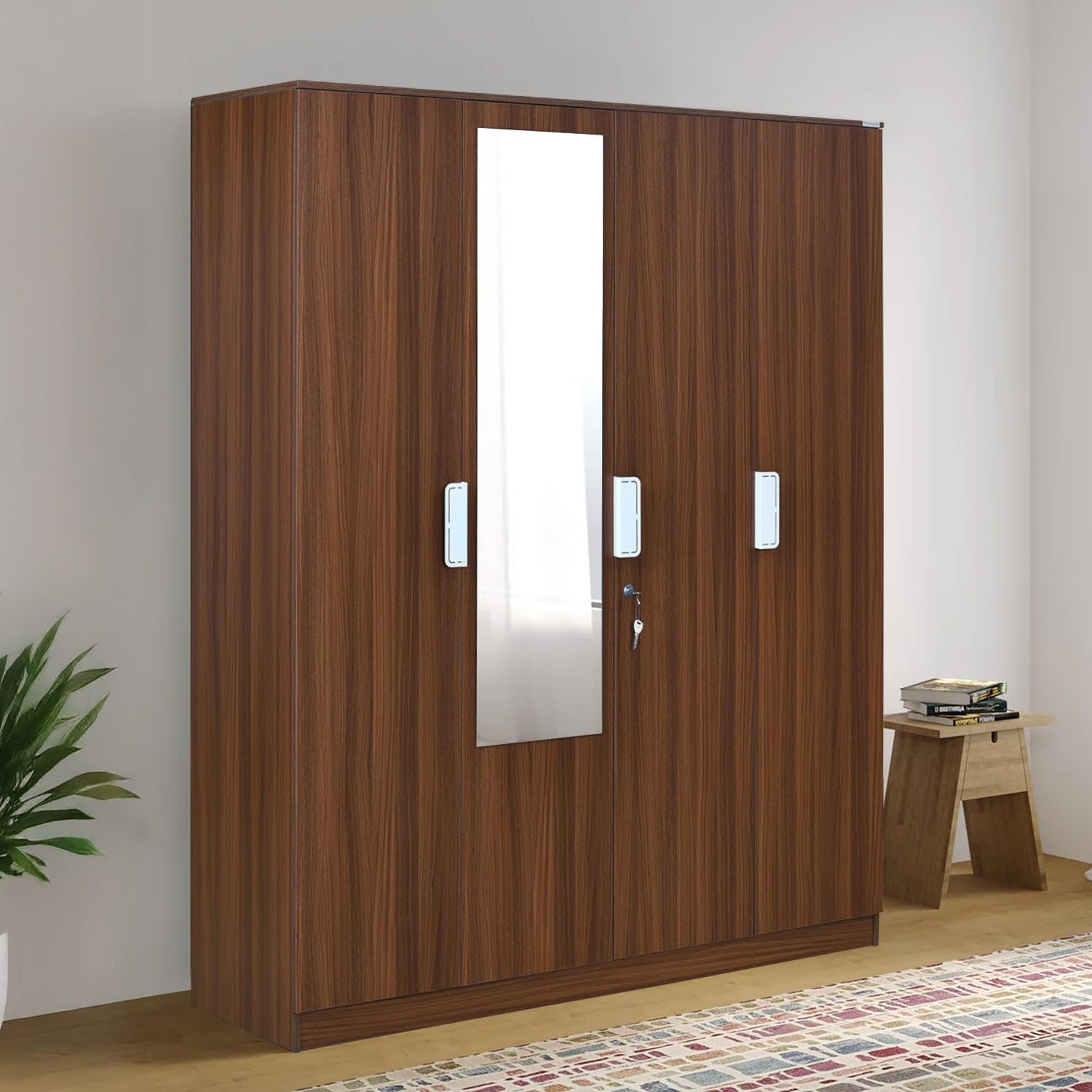 Nilkamal Joyce 4 Door Wooden Wardrobe With Mirror For Bedroom | Almirah With 13 Shelves & 1 Hanging Rod | Clothes Cupboard | Eng